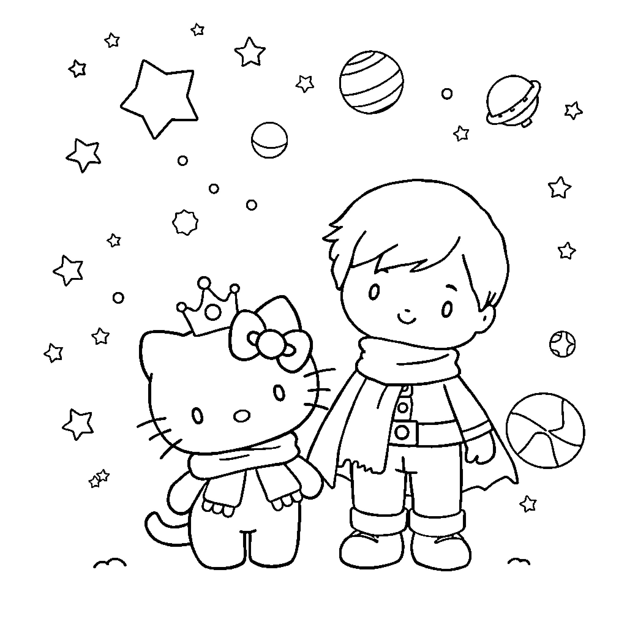 Hello Kitty playing with boy in space Coloring Page (free black-and-white line drawing printable PDF for all, from beginners to advanced learners, including children, teens, adults, and seniors)