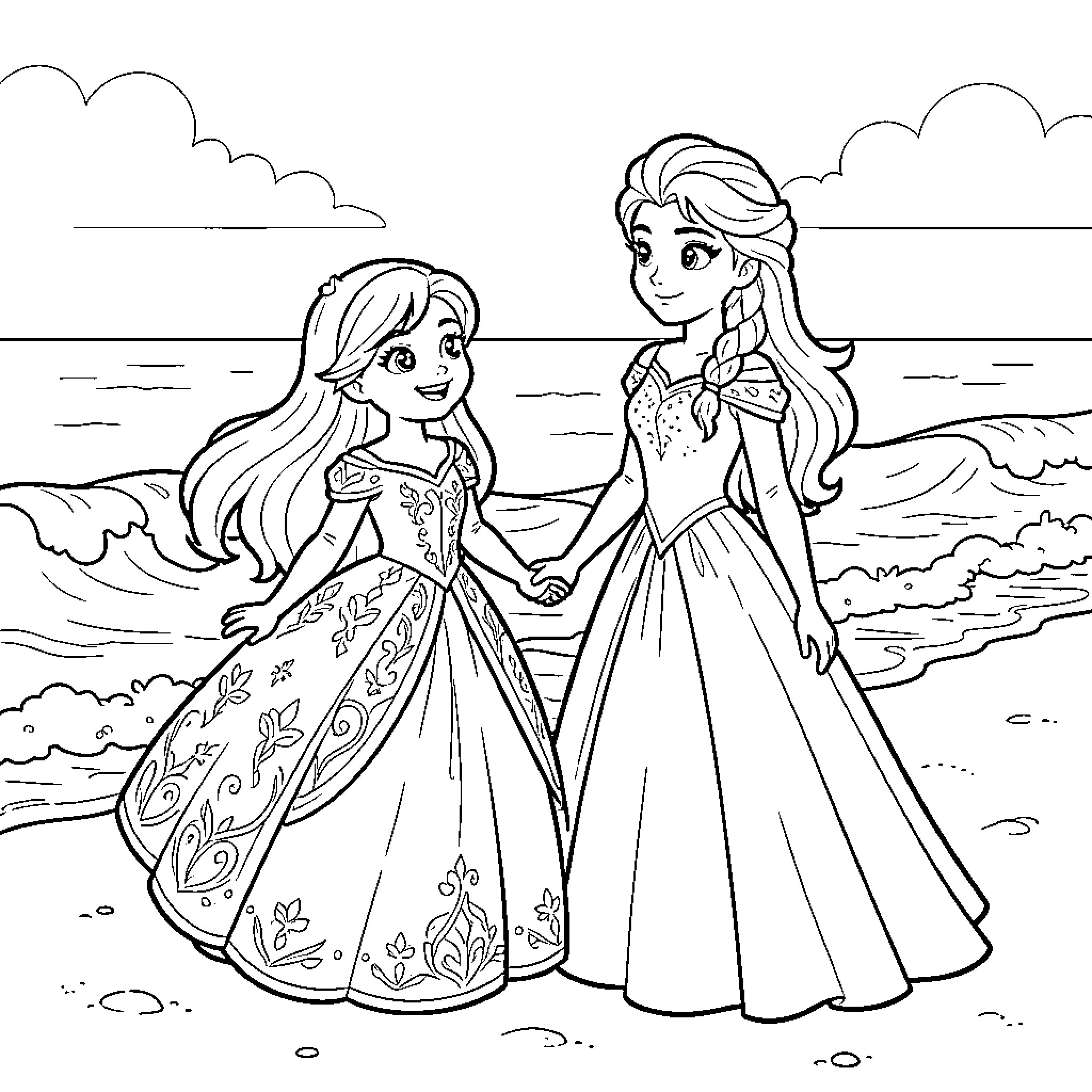 Raiponce and a friend holding hands by the sea Coloring Page (free black-and-white line drawing printable PDF for all, from beginners to advanced learners, including children, teens, adults, and seniors)