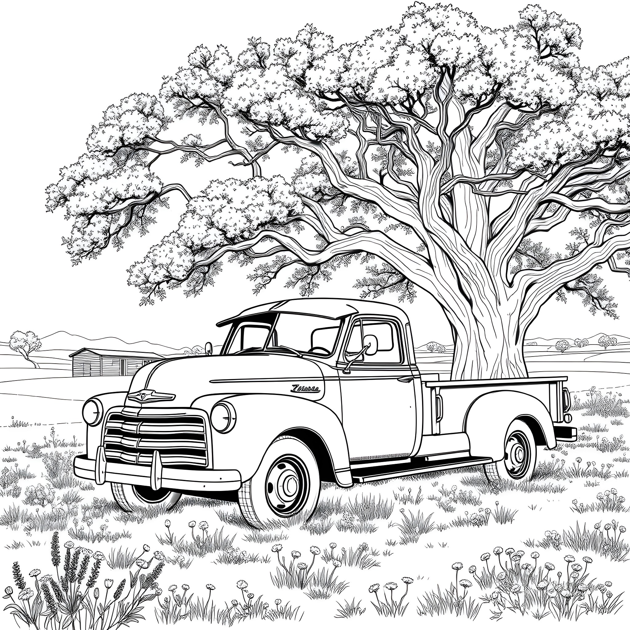 Truck parked under a majestic tree in a peaceful countryside Coloring Page (free black-and-white line drawing printable PDF for all, from beginners to advanced learners, including children, teens, adults, and seniors)