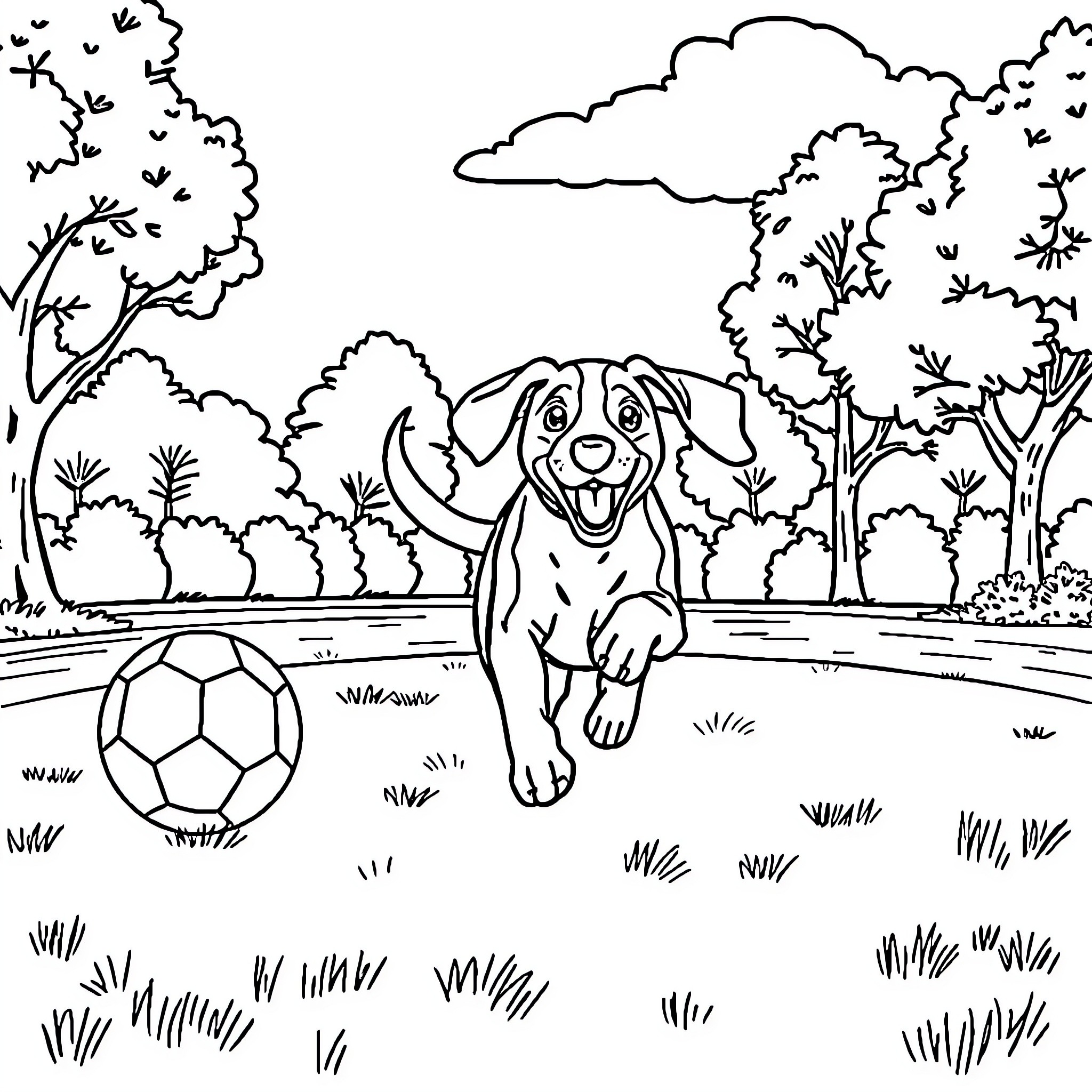 Beagle playing joyfully with soccer ball in park Coloring Page (free black-and-white line drawing printable PDF for all, from beginners to advanced learners, including children, teens, adults, and seniors)