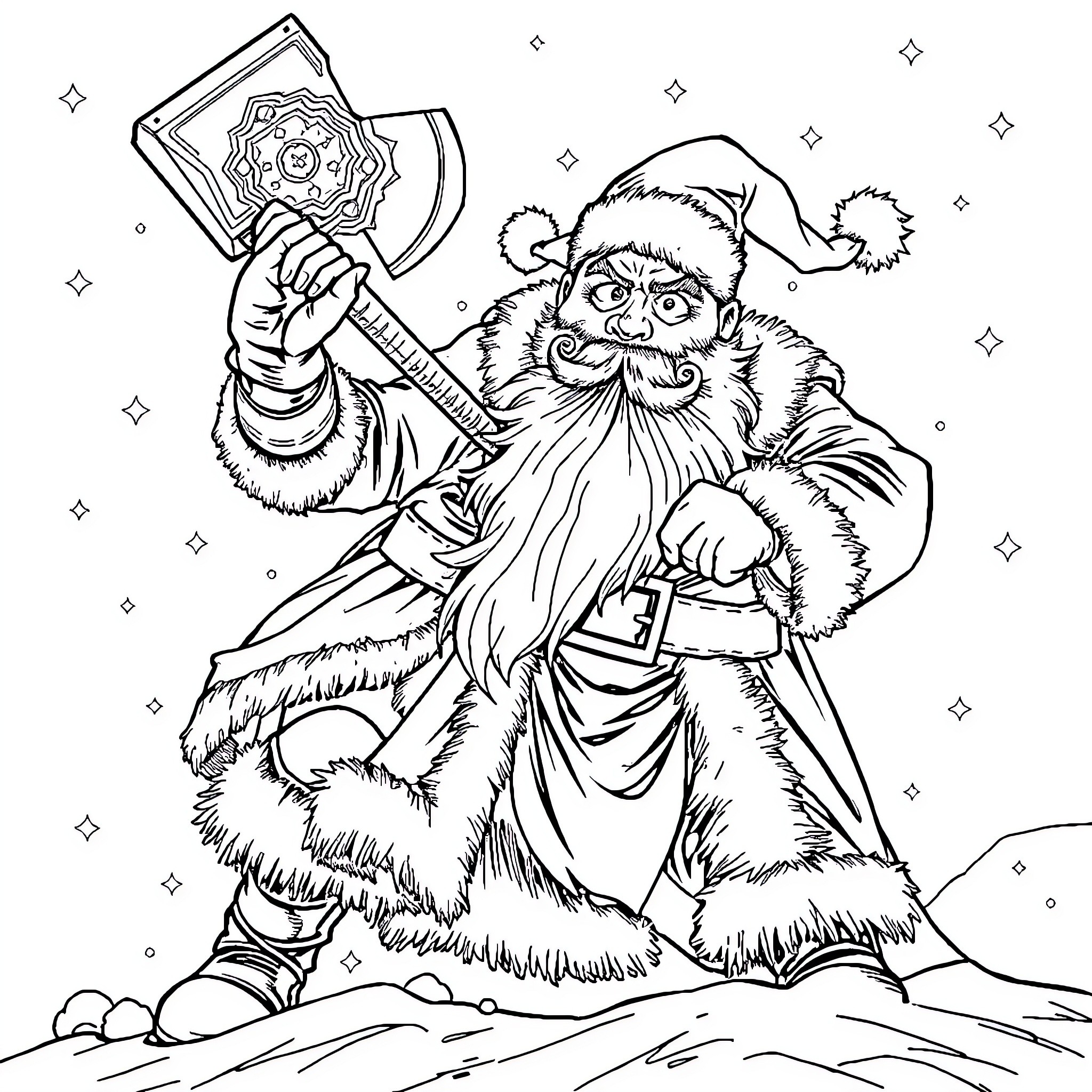 Warhammer Santa Claus Wielding a Battle Axe Coloring Page (free black-and-white line drawing printable PDF for all, from beginners to advanced learners, including children, teens, adults, and seniors)