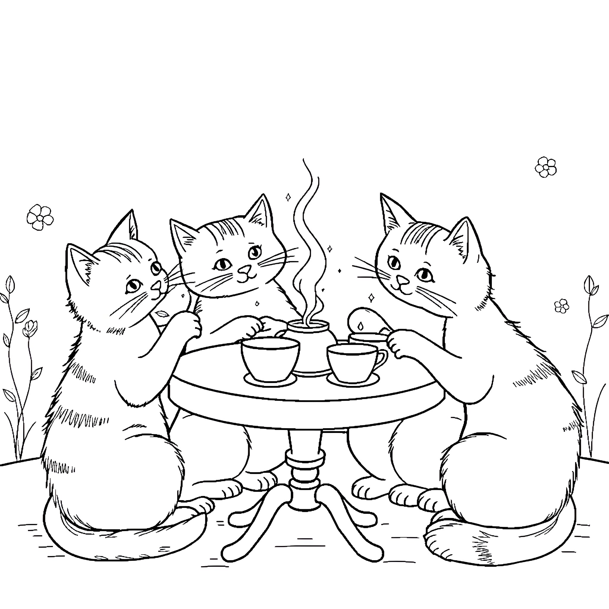 Cats enjoying a cozy tea party Coloring Page (free black-and-white line drawing printable PDF for all, from beginners to advanced learners, including children, teens, adults, and seniors)