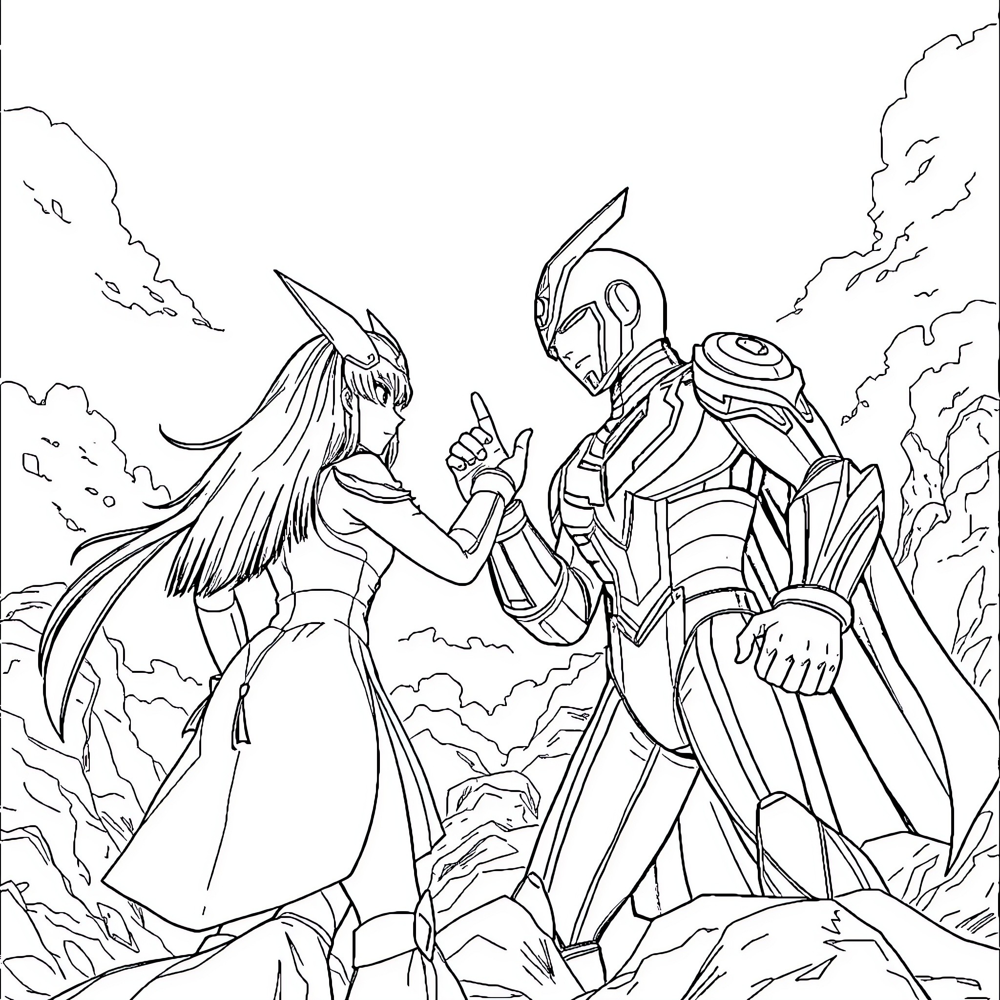 Sakura Fairy Encounter with Mech Knight in Surreal Landscape Coloring Page (free black-and-white line drawing printable PDF for all, from beginners to advanced learners, including children, teens, adults, and seniors)