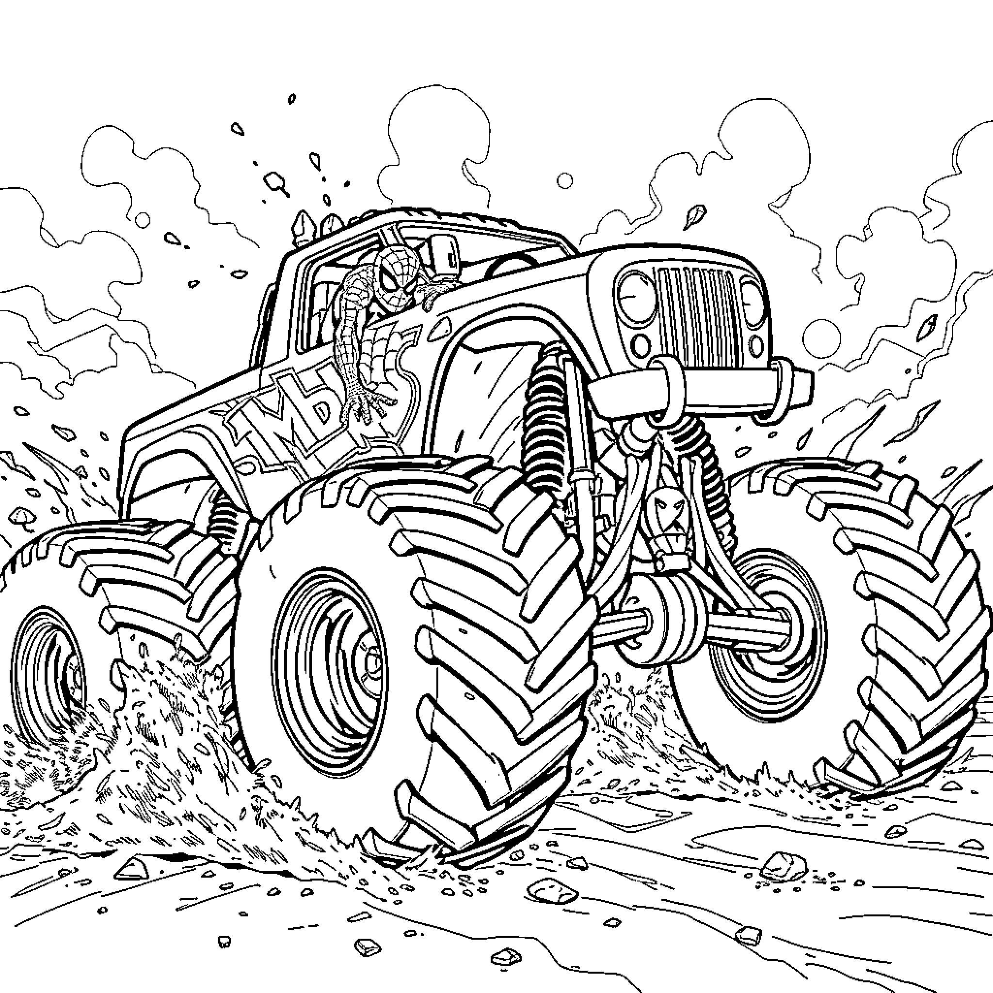 Spider-Man driving a monster truck through the mud Coloring Page (free black-and-white line drawing printable PDF for all, from beginners to advanced learners, including children, teens, adults, and seniors)