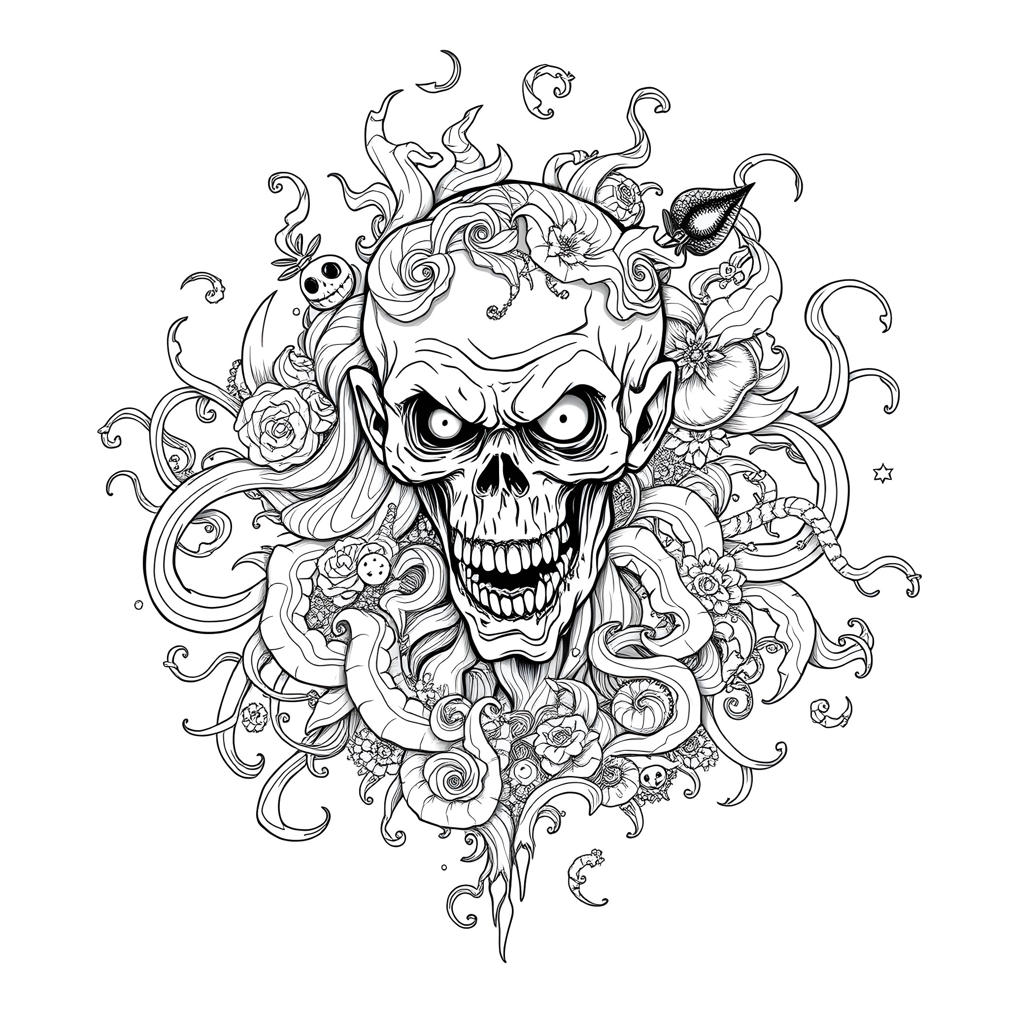 Zombie Skull with Ornate Floral Designs Coloring Page (free black-and-white line drawing printable PDF for all, from beginners to advanced learners, including children, teens, adults, and seniors)