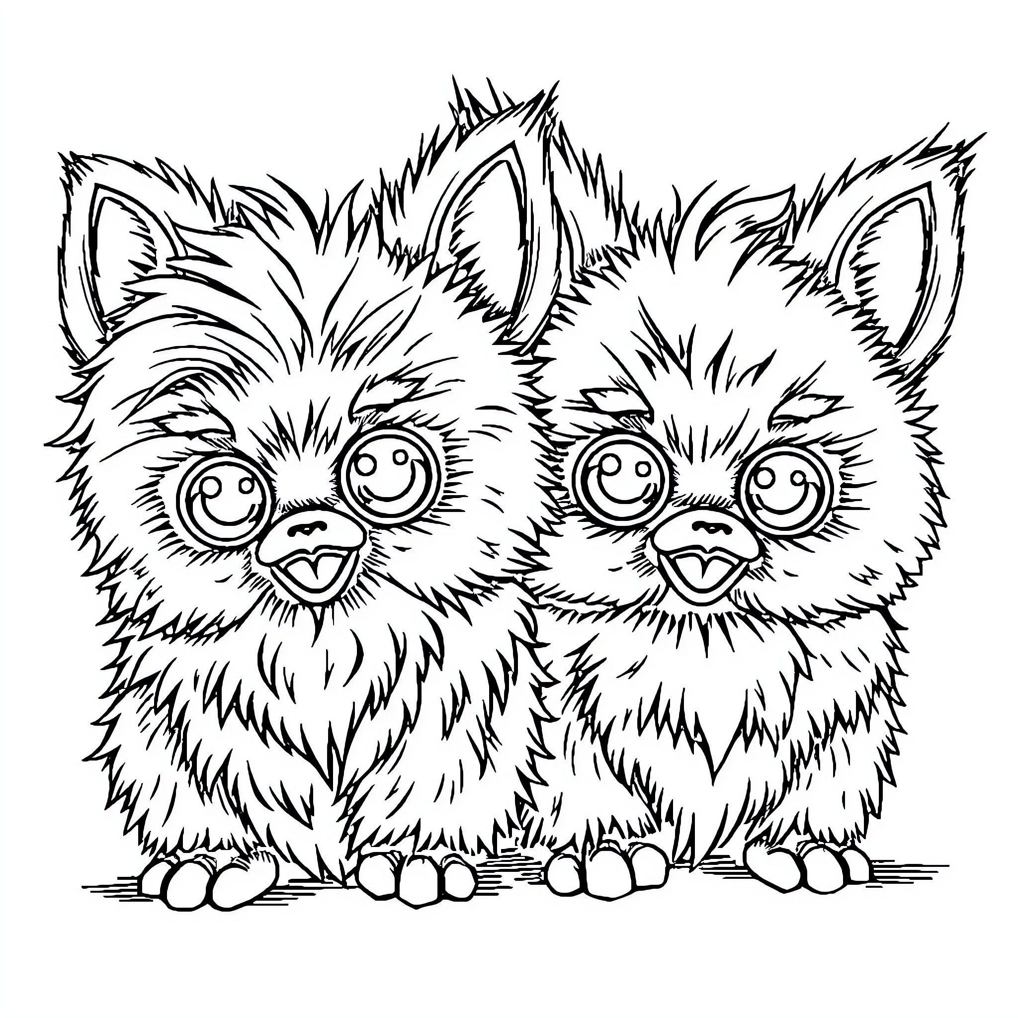 Furby friends sitting together happily Coloring Page (free black-and-white line drawing printable PDF for all, from beginners to advanced learners, including children, teens, adults, and seniors)