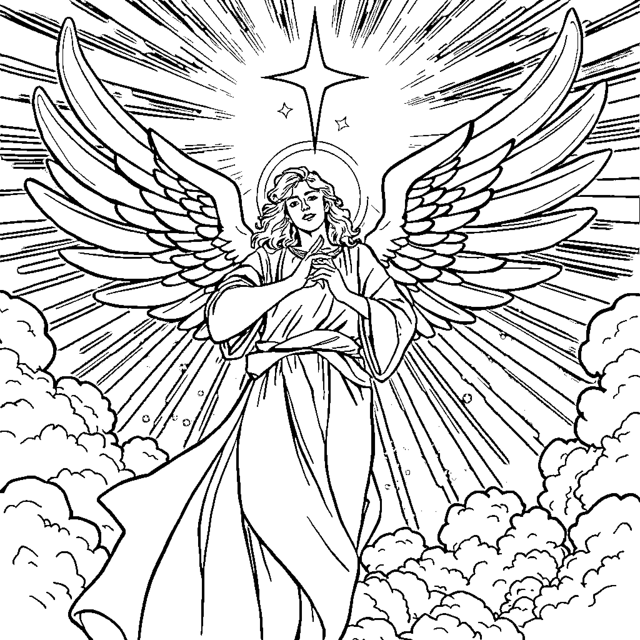 Angel in Radiant Splendor Ascending Coloring Page (free black-and-white line drawing printable PDF for all, from beginners to advanced learners, including children, teens, adults, and seniors)