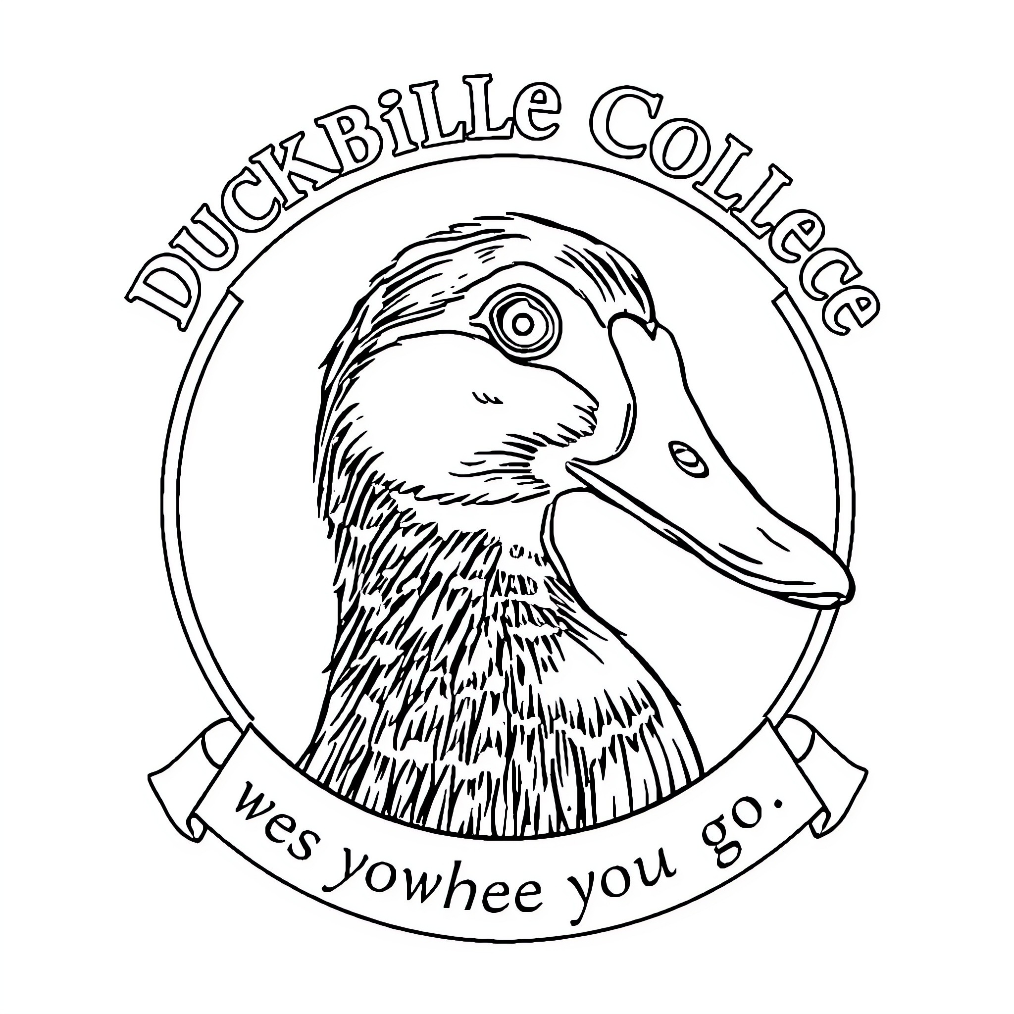 Duck mascot logo for Duckbille College Coloring Page (free black-and-white line drawing printable PDF for all, from beginners to advanced learners, including children, teens, adults, and seniors)
