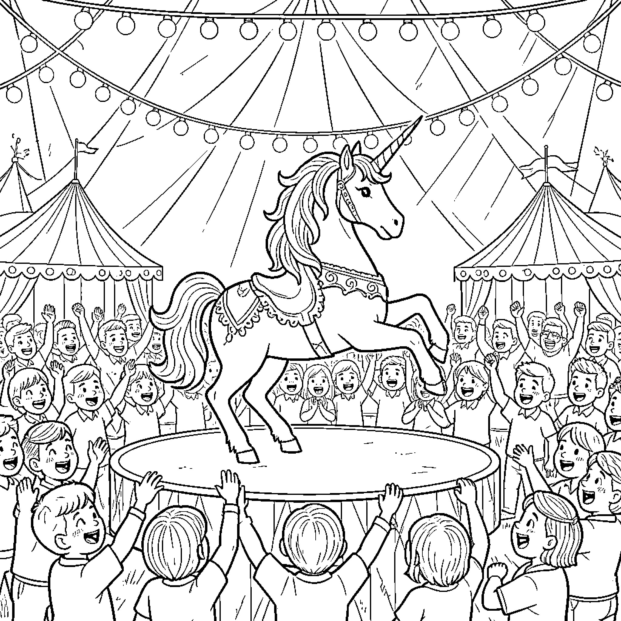 Unicorn performing a trick on a circus stage Coloring Page (free black-and-white line drawing printable PDF for all, from beginners to advanced learners, including children, teens, adults, and seniors)