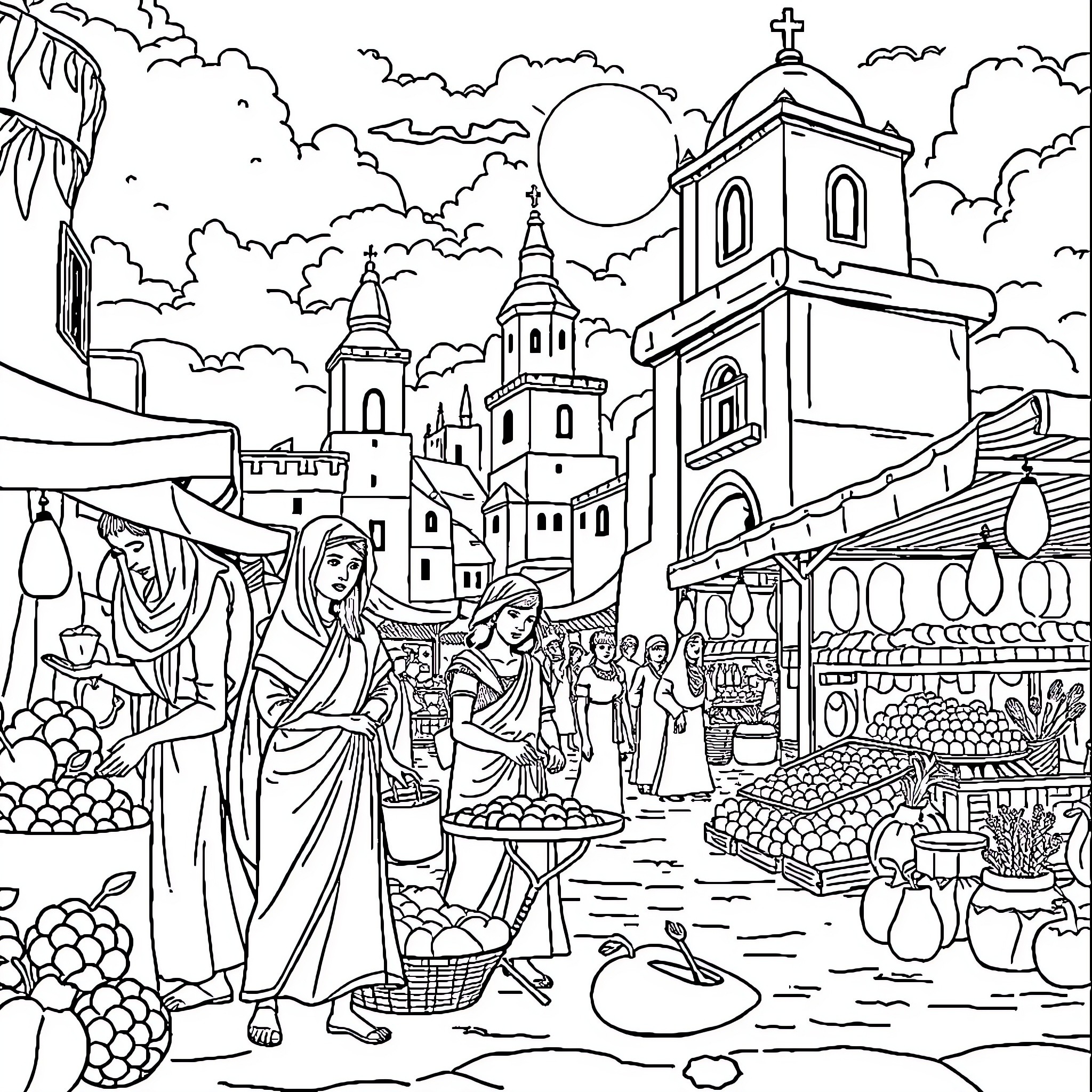 Medieval Life in a Bustling Market Town Coloring Page (free black-and-white line drawing printable PDF for all, from beginners to advanced learners, including children, teens, adults, and seniors)