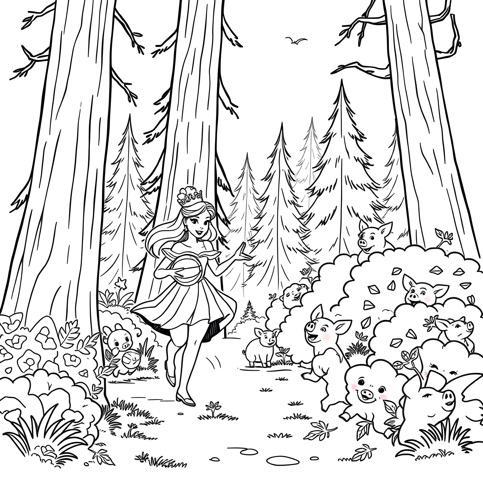 Princess exploring the enchanted forest with woodland creatures Coloring Page (free black-and-white line drawing printable PDF for all, from beginners to advanced learners, including children, teens, adults, and seniors)