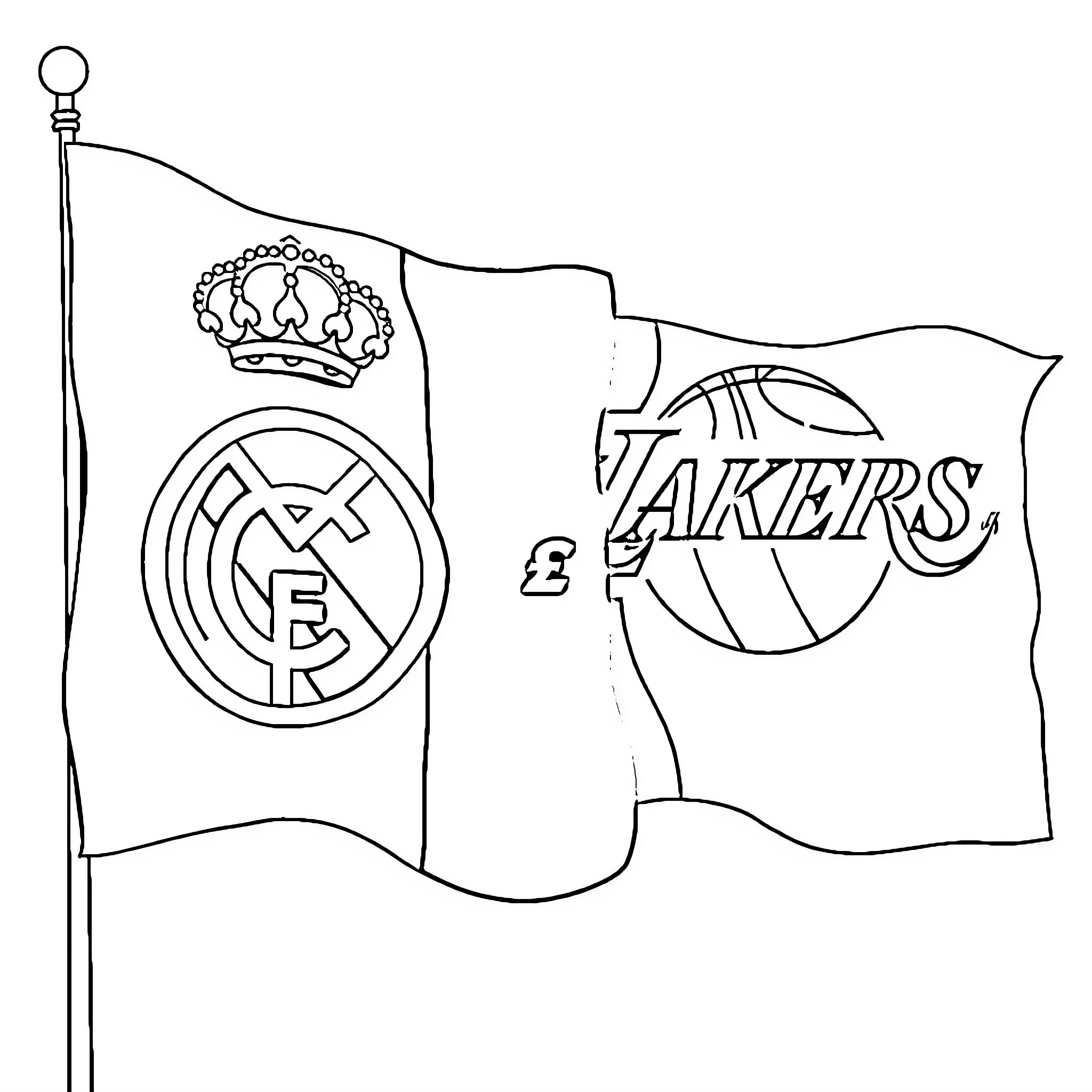 Flag with emblem and basketball team logo Coloring Page (free black-and-white line drawing printable PDF for all, from beginners to advanced learners, including children, teens, adults, and seniors)