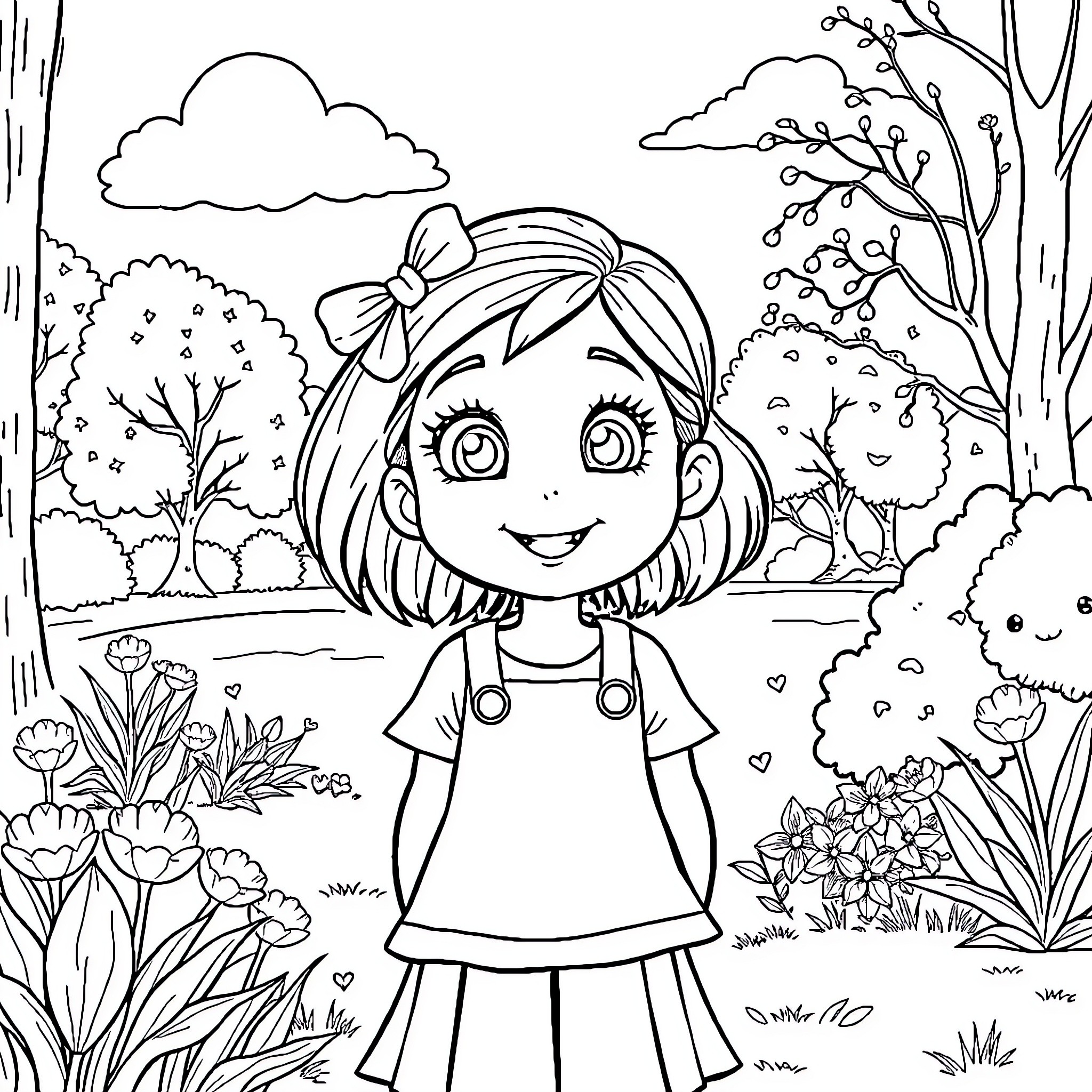 Juniper Bailey explores the enchanting garden Coloring Page (free black-and-white line drawing printable PDF for all, from beginners to advanced learners, including children, teens, adults, and seniors)