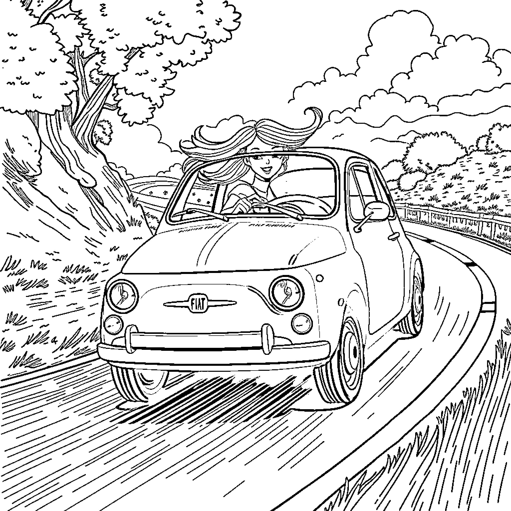 Fiat 500 driving through scenic countryside Coloring Page (free black-and-white line drawing printable PDF for all, from beginners to advanced learners, including children, teens, adults, and seniors)