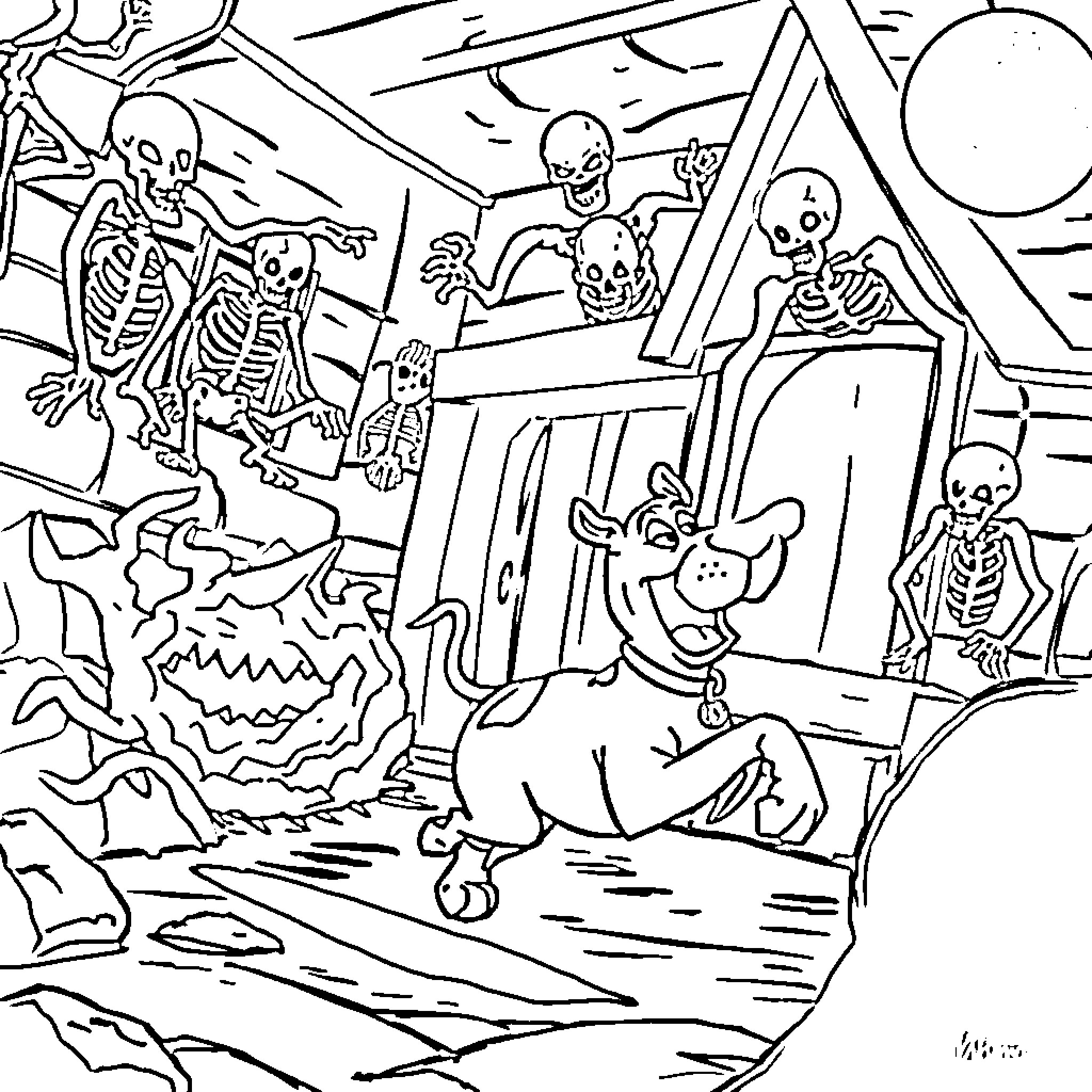 Scooby Doo's Spooky Halloween Adventure Coloring Page (free black-and-white line drawing printable PDF for all, from beginners to advanced learners, including children, teens, adults, and seniors)