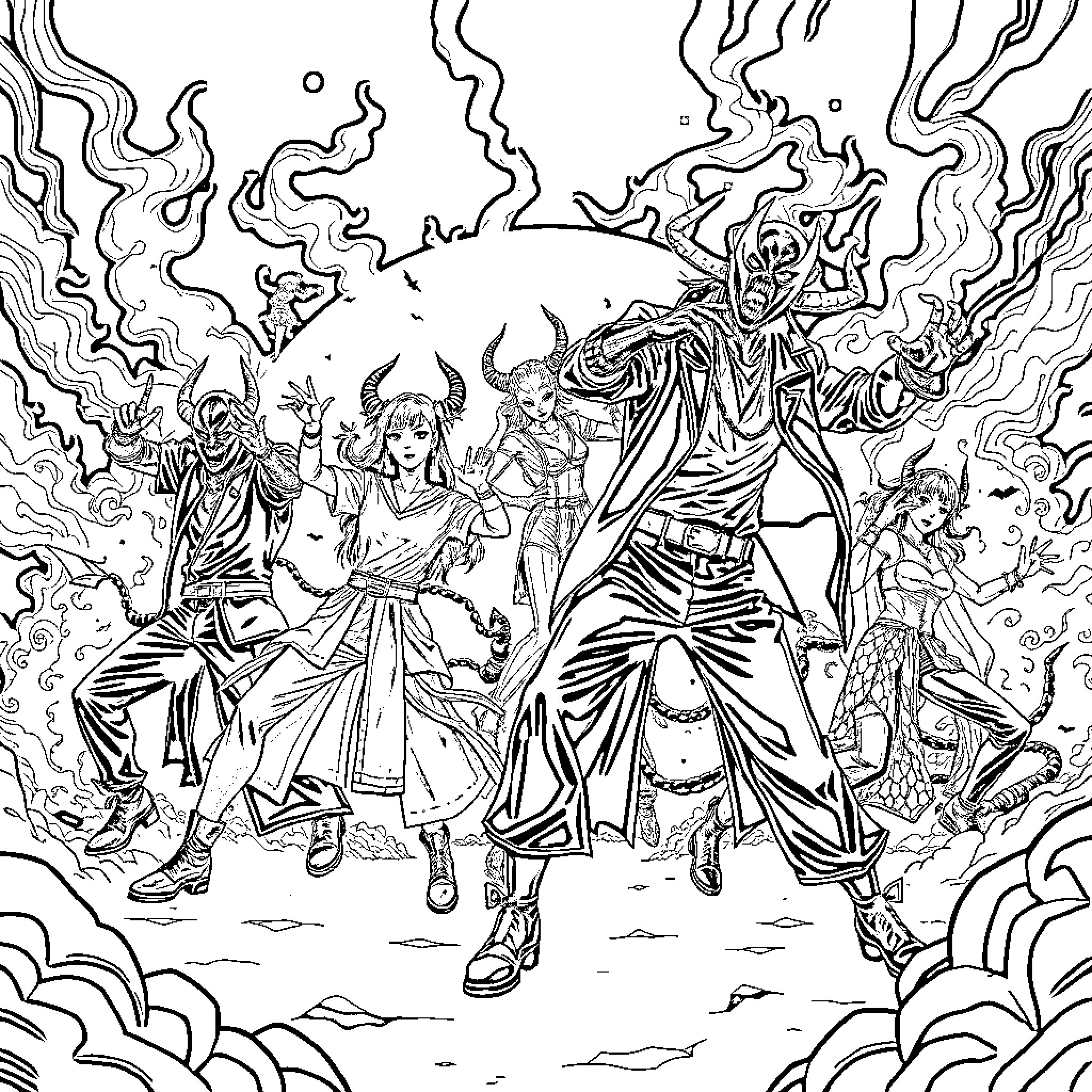 K Pop Fantastical Dance Performance Coloring Page (free black-and-white line drawing printable PDF for all, from beginners to advanced learners, including children, teens, adults, and seniors)