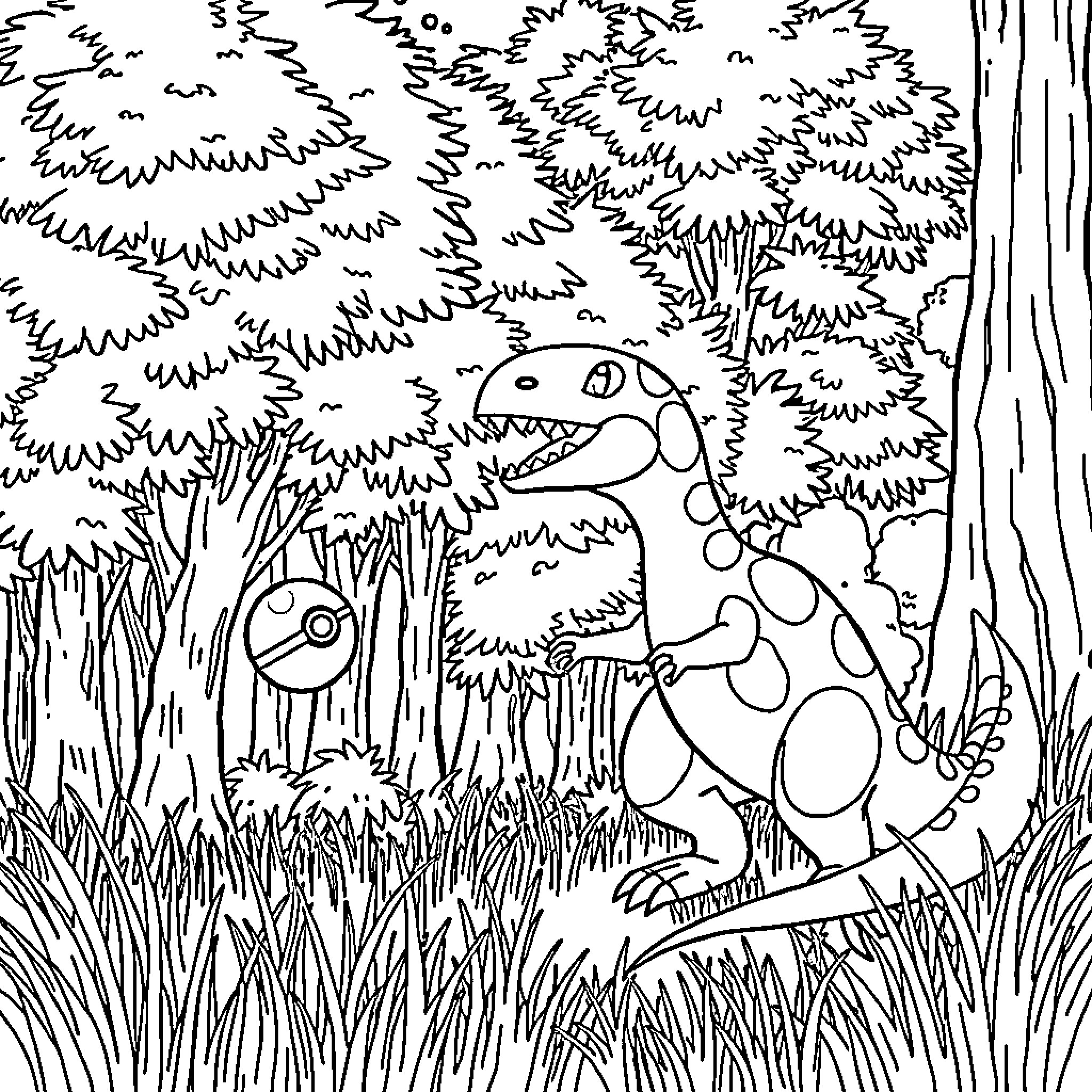 Dinosaur exploring the forest Coloring Page (free black-and-white line drawing printable PDF for all, from beginners to advanced learners, including children, teens, adults, and seniors)