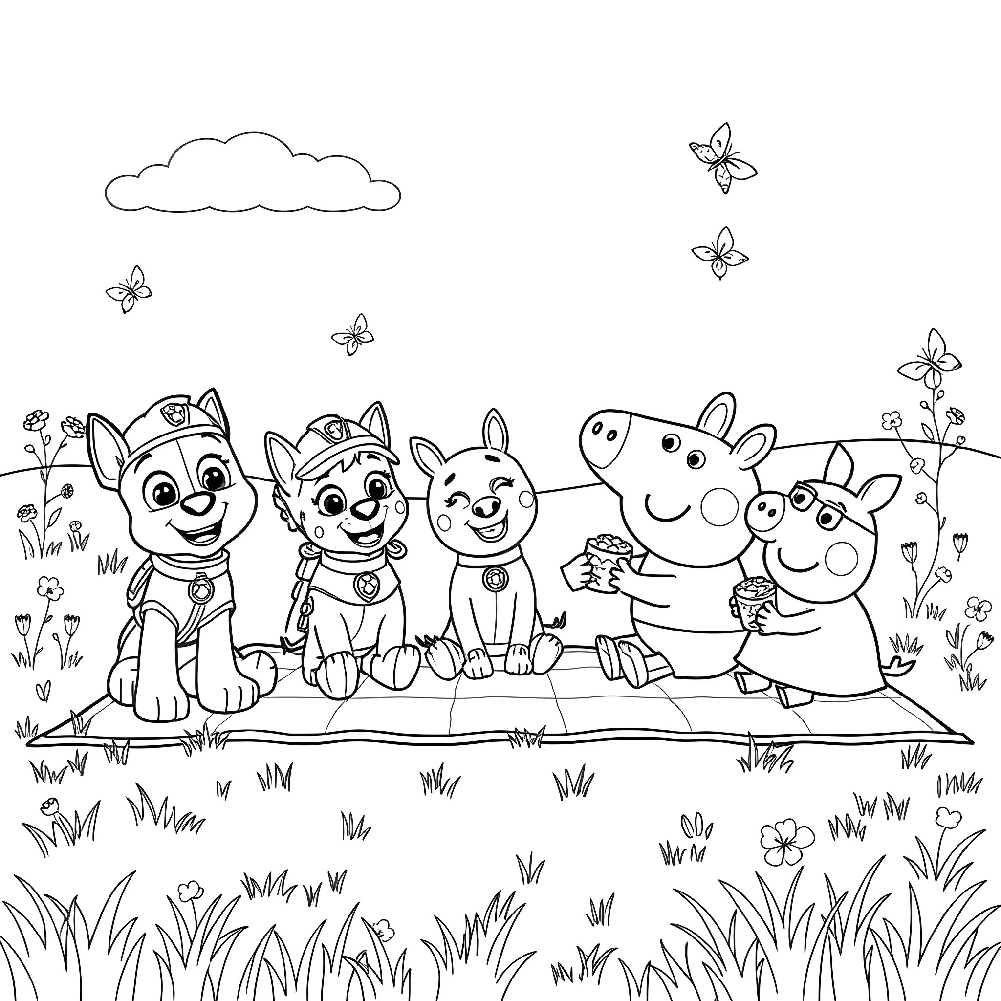 Character Pups Playing Happily in the Meadow Coloring Page (free black-and-white line drawing printable PDF for all, from beginners to advanced learners, including children, teens, adults, and seniors)