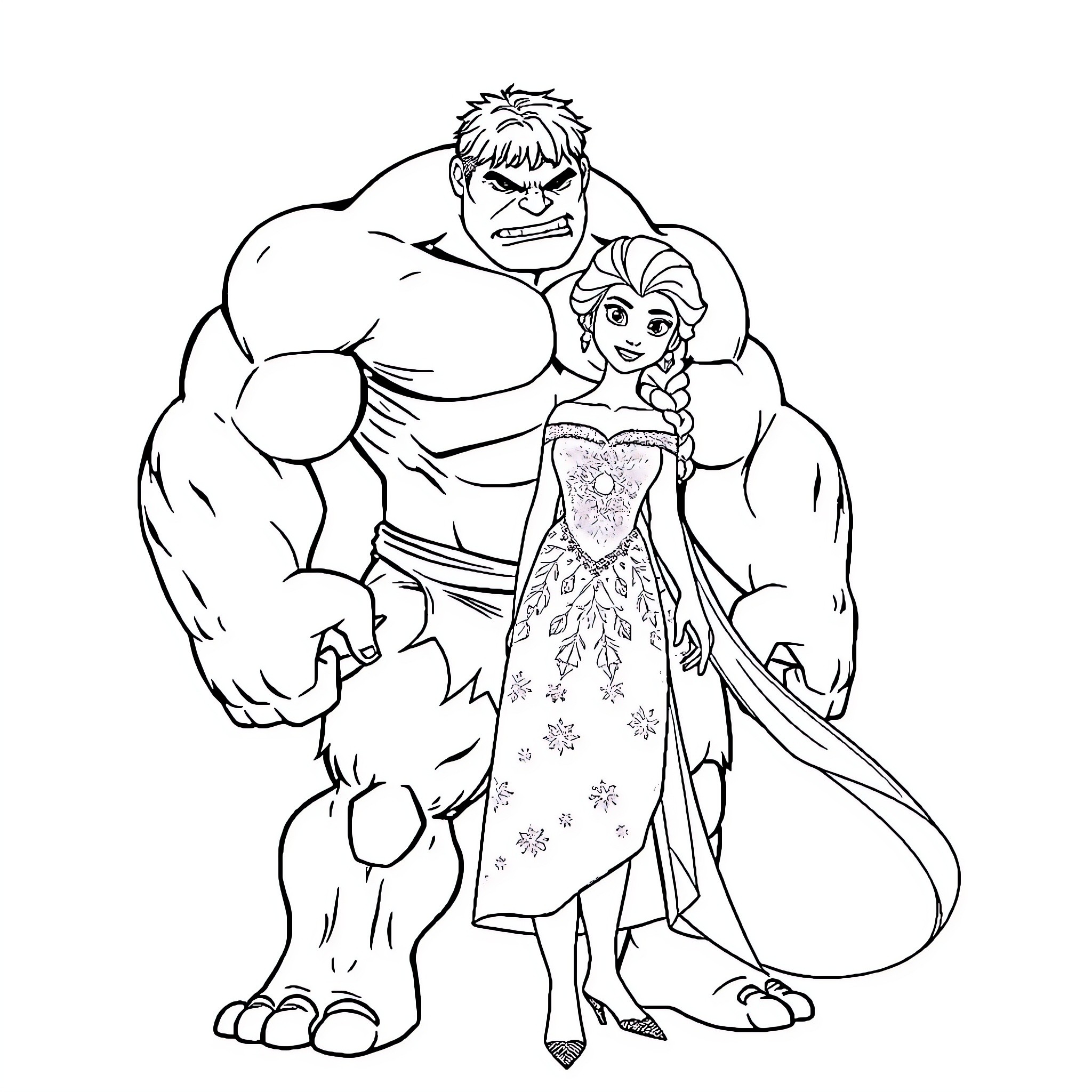 Hulk and Elsa in Heroic Embrace Coloring Page (free black-and-white line drawing printable PDF for all, from beginners to advanced learners, including children, teens, adults, and seniors)