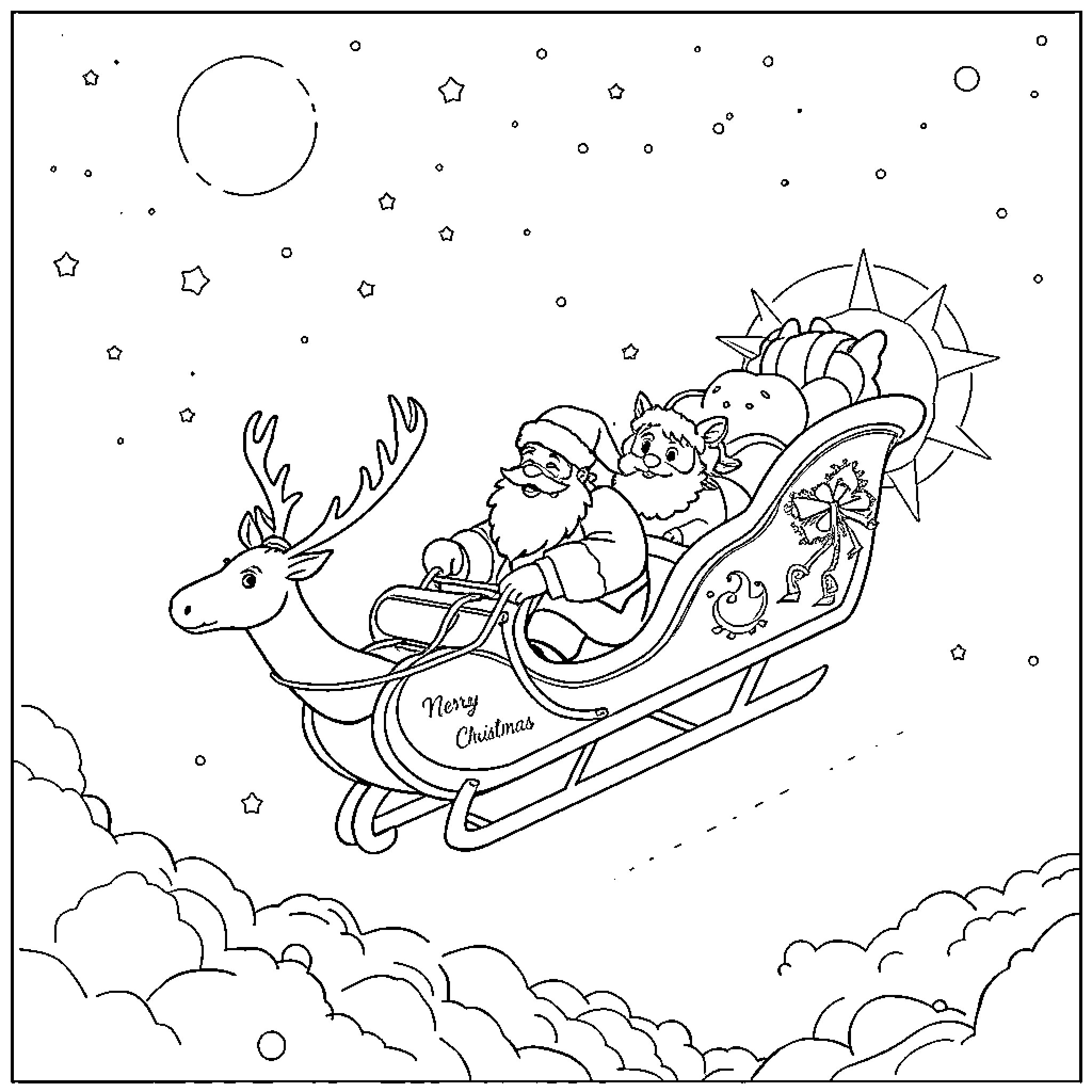 Santa riding his sleigh with reindeer in the night sky Coloring Page (free black-and-white line drawing printable PDF for all, from beginners to advanced learners, including children, teens, adults, and seniors)