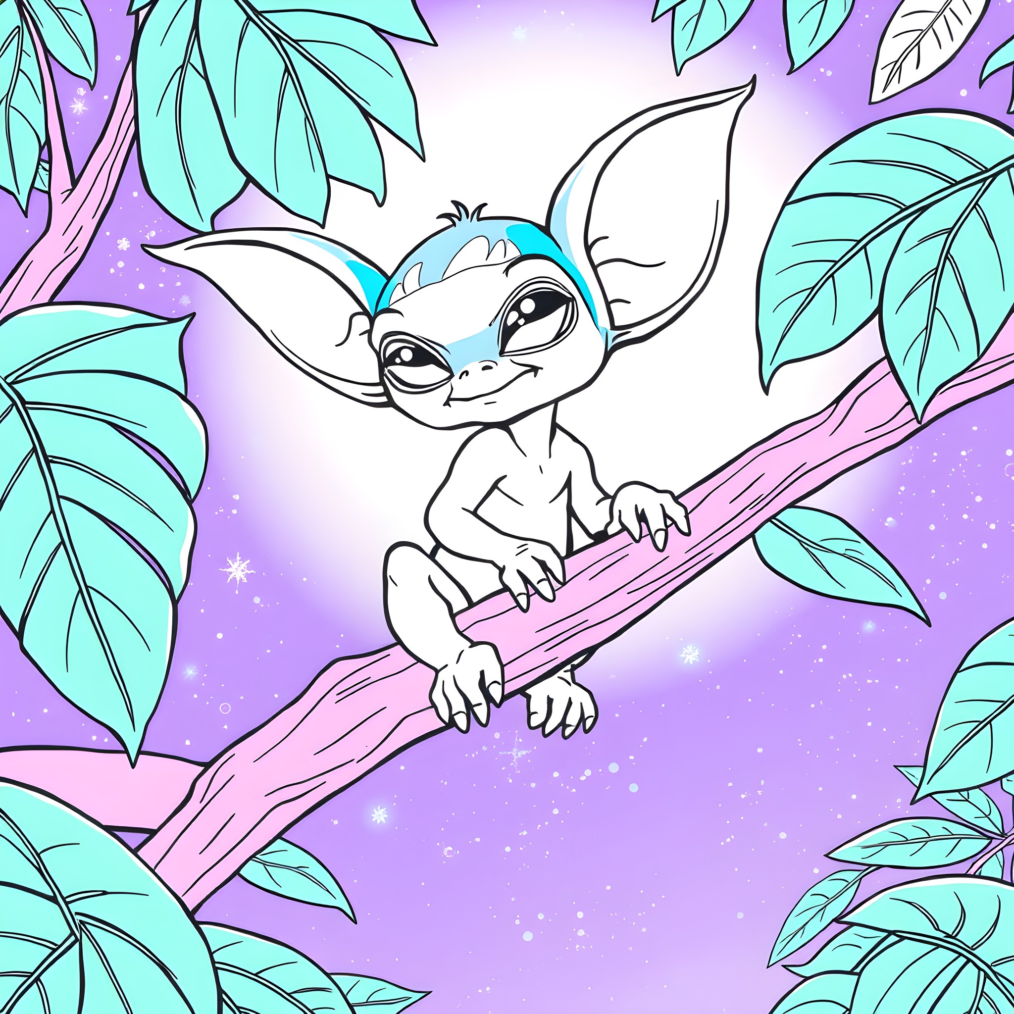 Stitch exploring the magical forest Coloring Page (free black-and-white line drawing printable PDF for all, from beginners to advanced learners, including children, teens, adults, and seniors)