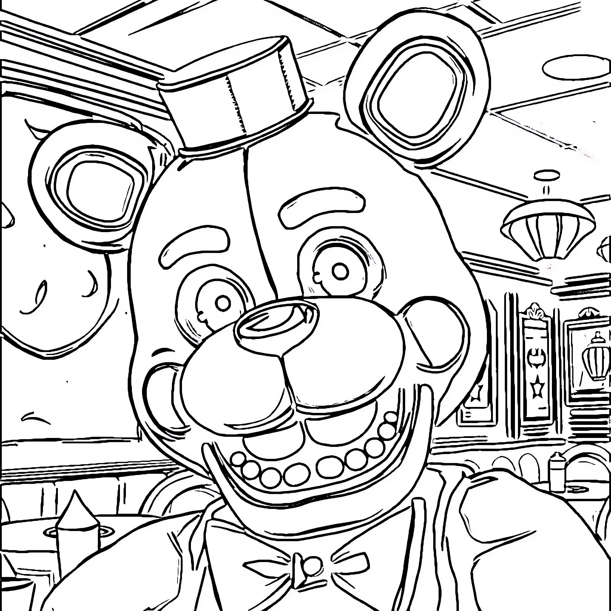 Freddy's Mechanical Mayhem Coloring Page (free black-and-white line drawing printable PDF for all, from beginners to advanced learners, including children, teens, adults, and seniors)
