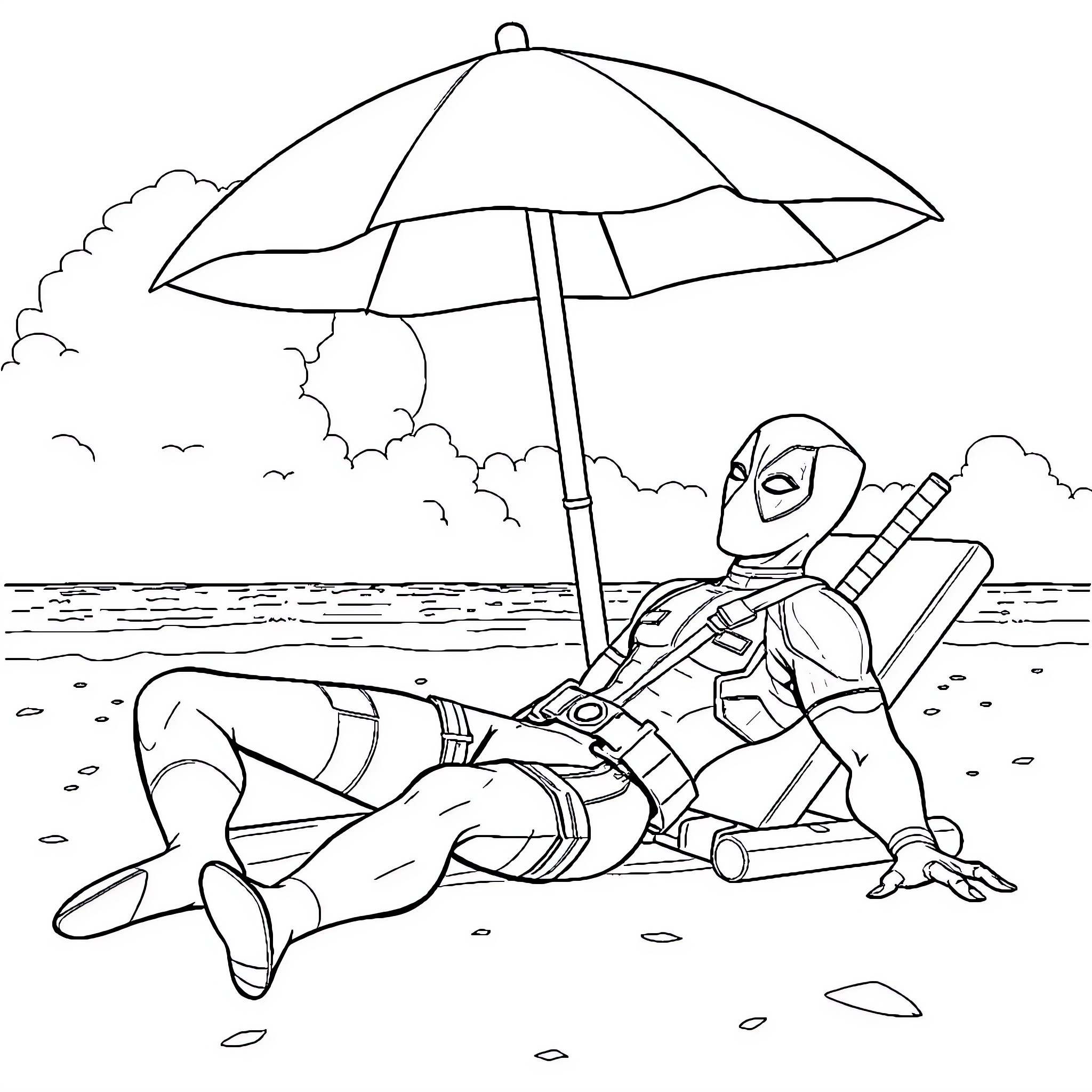 Deadpool relaxing on the beach under an umbrella Coloring Page (free black-and-white line drawing printable PDF for all, from beginners to advanced learners, including children, teens, adults, and seniors)