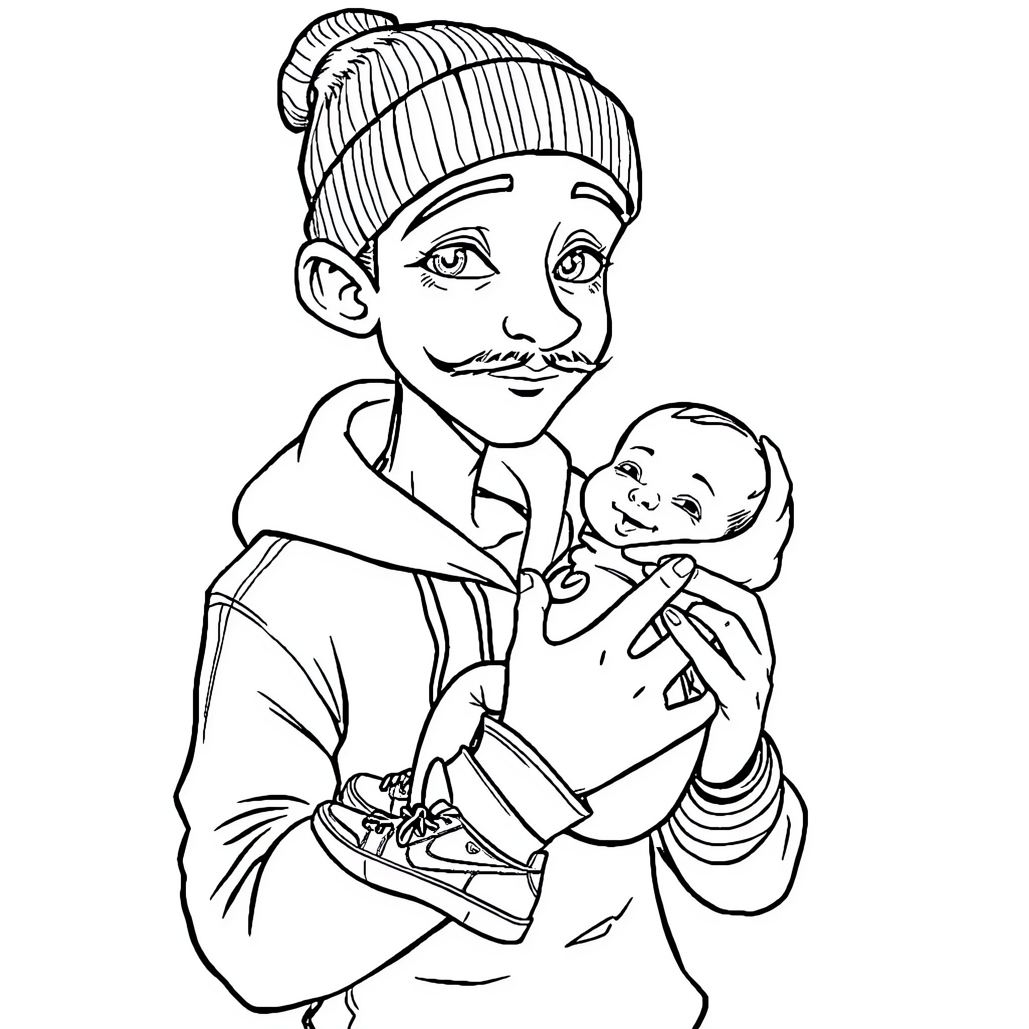 Man lovingly holding a baby Coloring Page (free black-and-white line drawing printable PDF for all, from beginners to advanced learners, including children, teens, adults, and seniors)