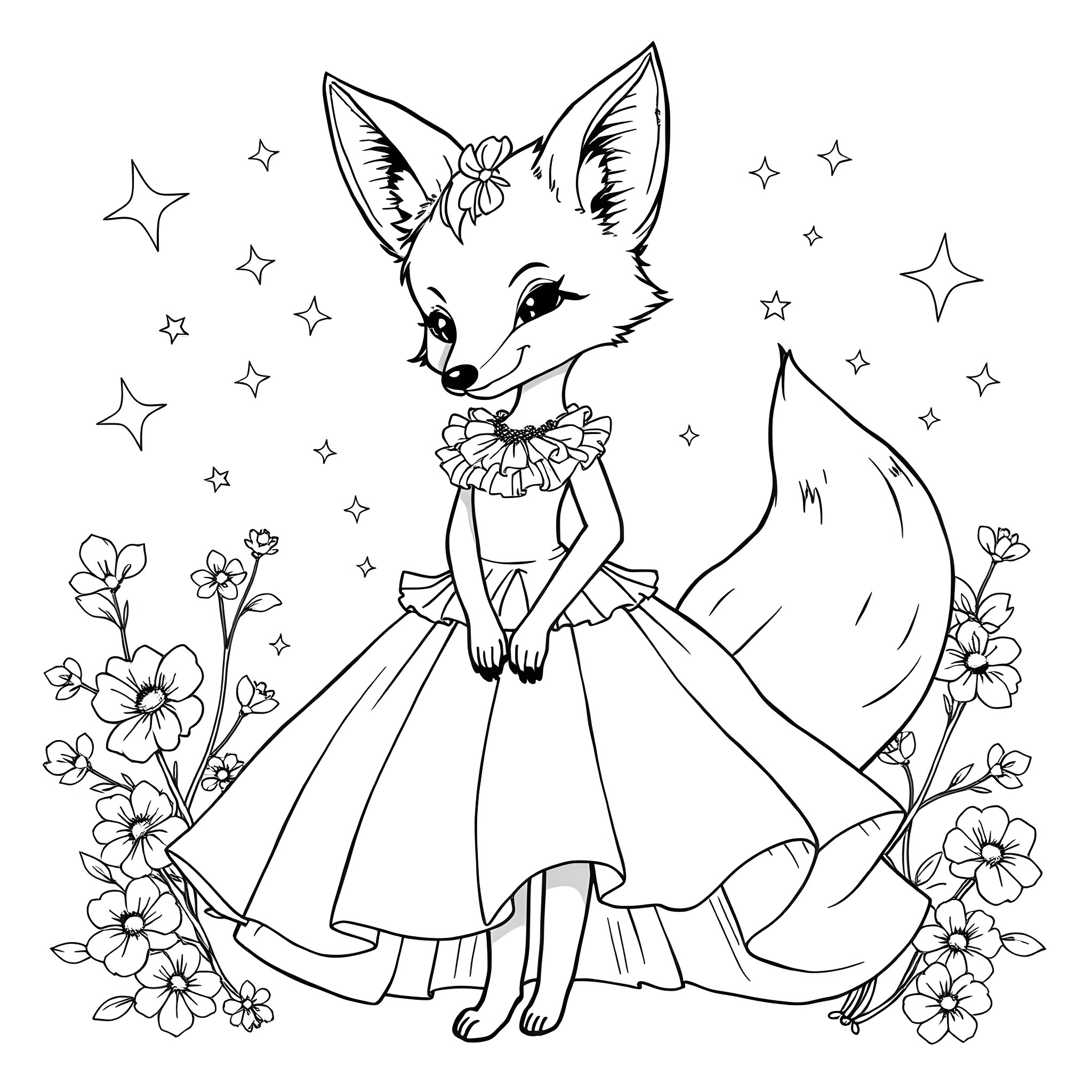 Fox dressed in a flowery dress with a bow Coloring Page (free black-and-white line drawing printable PDF for all, from beginners to advanced learners, including children, teens, adults, and seniors)
