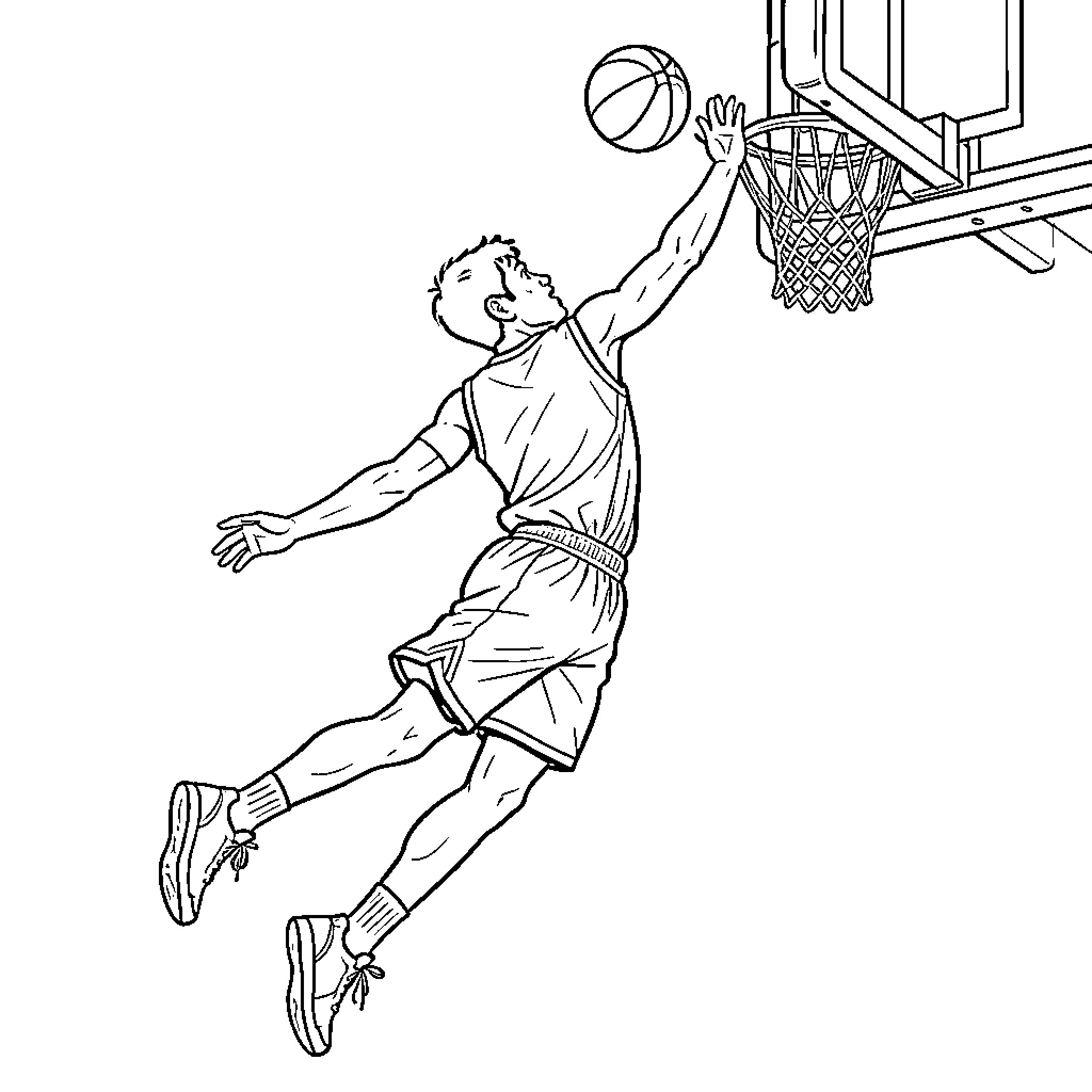 Basketeur jumping high to perform a slam dunk Coloring Page (free black-and-white line drawing printable PDF for all, from beginners to advanced learners, including children, teens, adults, and seniors)