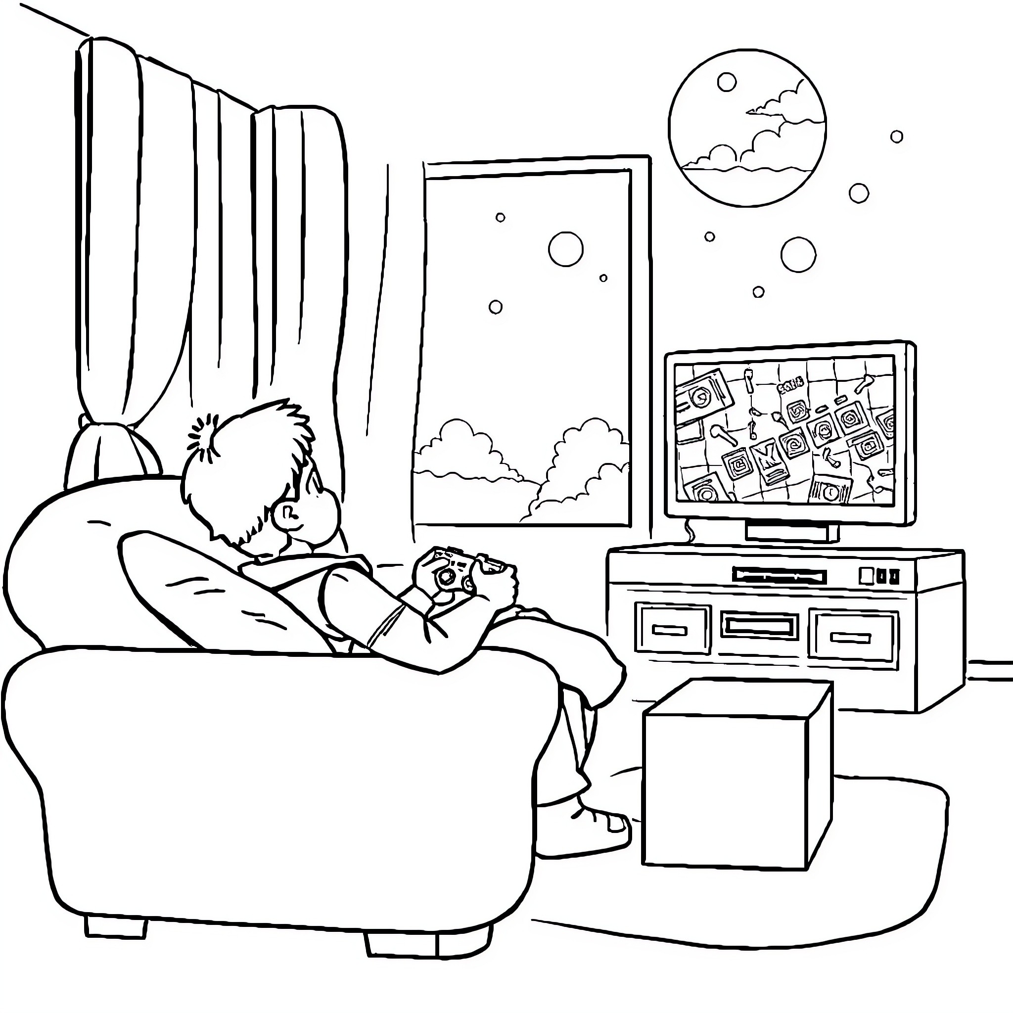 Puma relaxing at home with entertainment Coloring Page (free black-and-white line drawing printable PDF for all, from beginners to advanced learners, including children, teens, adults, and seniors)