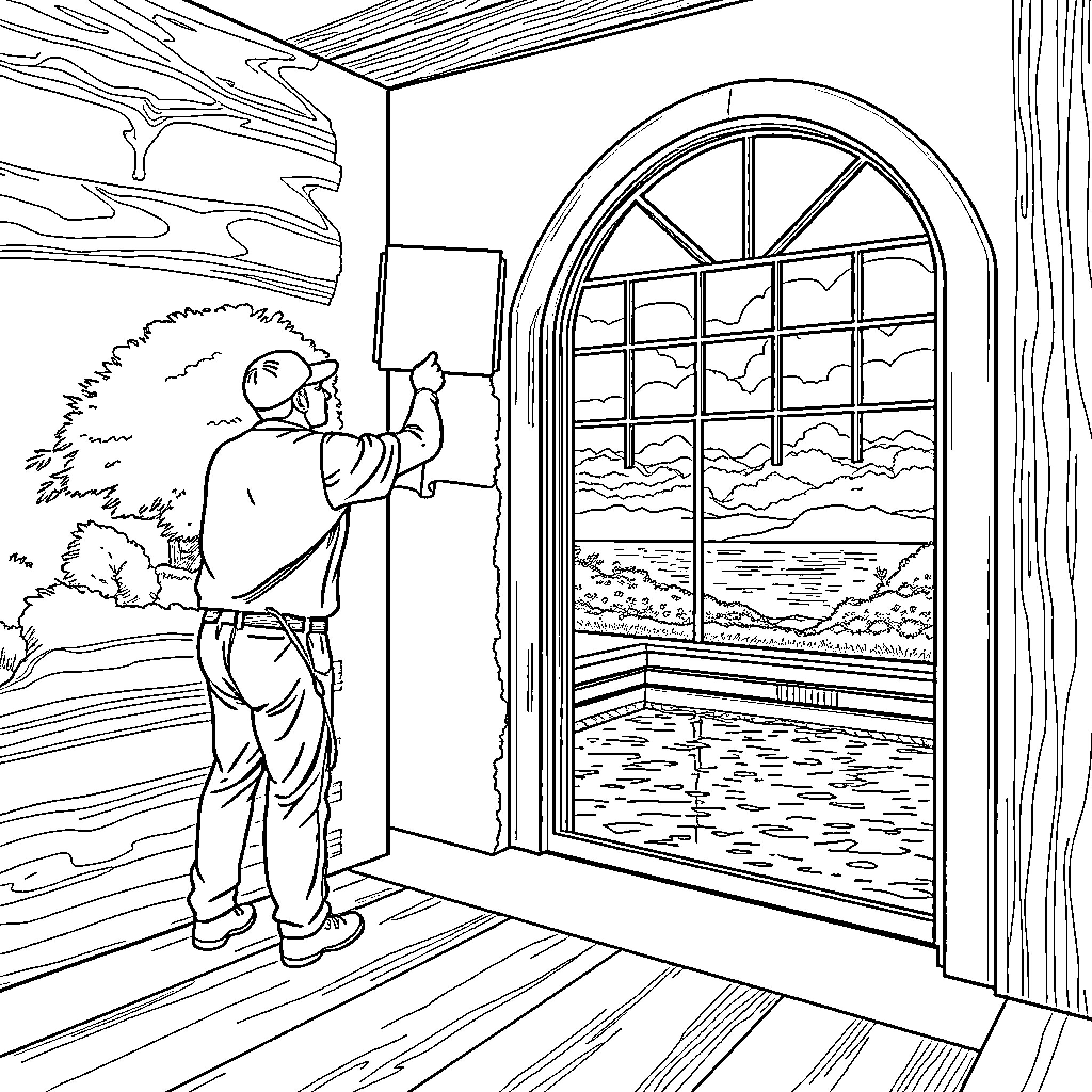 Applicator Admiring Scenic Landscape Through Window Coloring Page (free black-and-white line drawing printable PDF for all, from beginners to advanced learners, including children, teens, adults, and seniors)