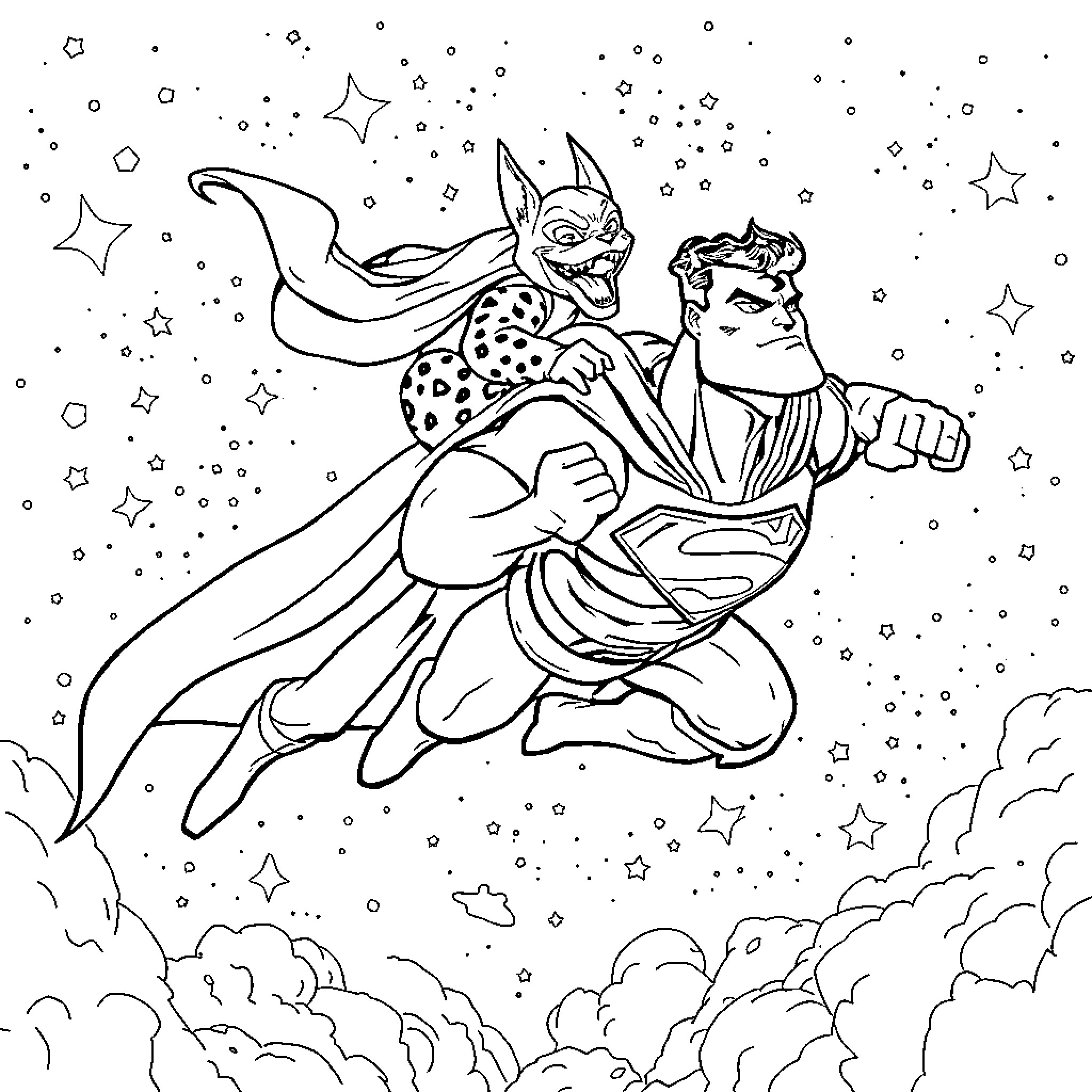 Lobo and superhero flying through starry skies Coloring Page (free black-and-white line drawing printable PDF for all, from beginners to advanced learners, including children, teens, adults, and seniors)