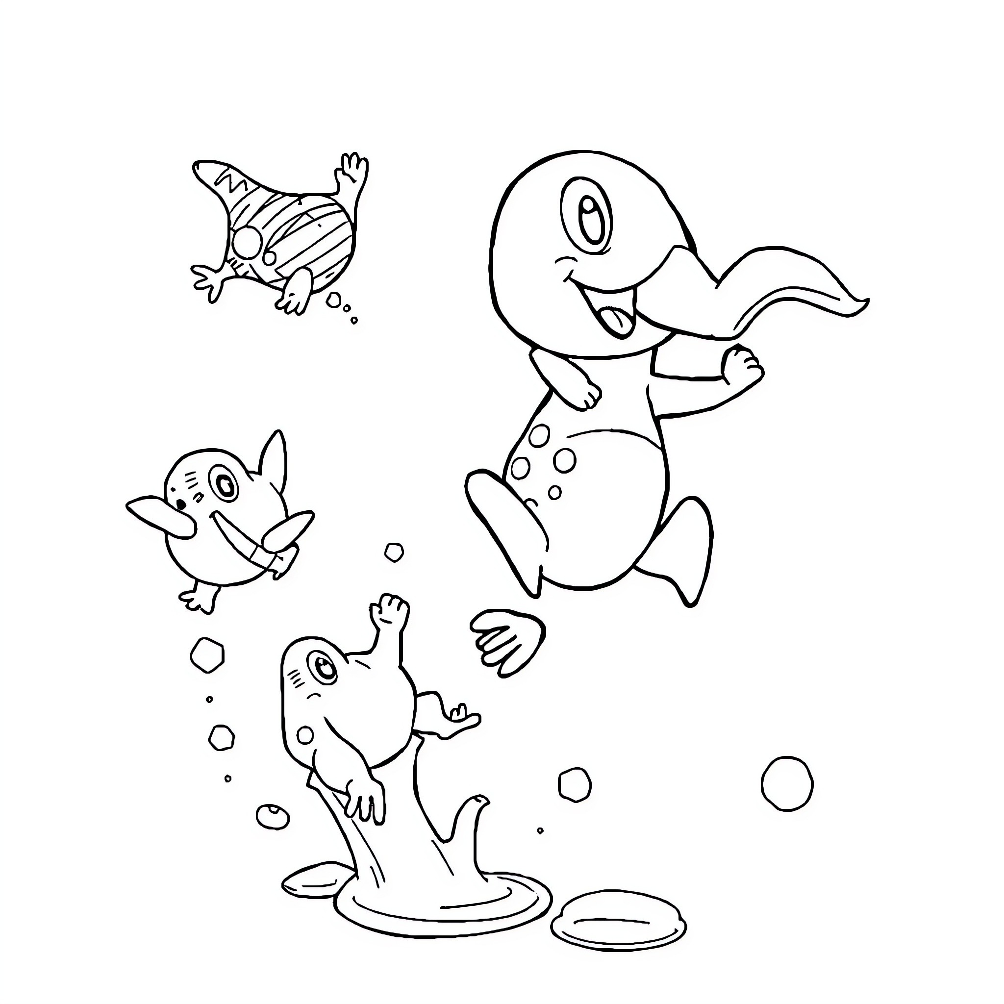 Numbers of Playful Aquatic Creatures Coloring Page (free black-and-white line drawing printable PDF for all, from beginners to advanced learners, including children, teens, adults, and seniors)