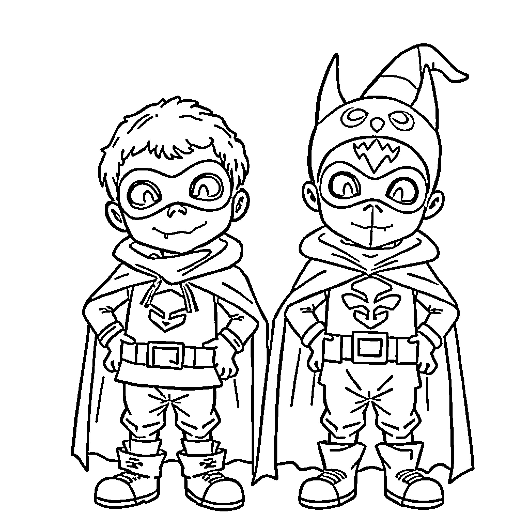 Boy superheroes in costume and masks Coloring Page (free black-and-white line drawing printable PDF for all, from beginners to advanced learners, including children, teens, adults, and seniors)