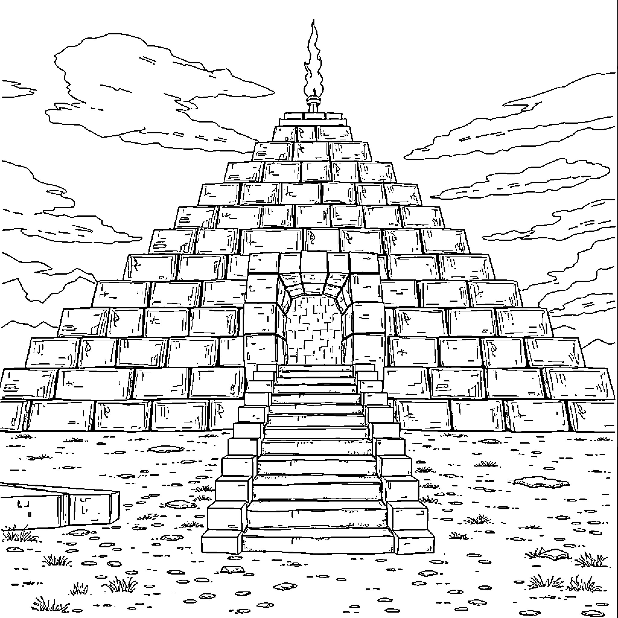 Pyramid of ancient architectural grandeur Coloring Page (free black-and-white line drawing printable PDF for all, from beginners to advanced learners, including children, teens, adults, and seniors)