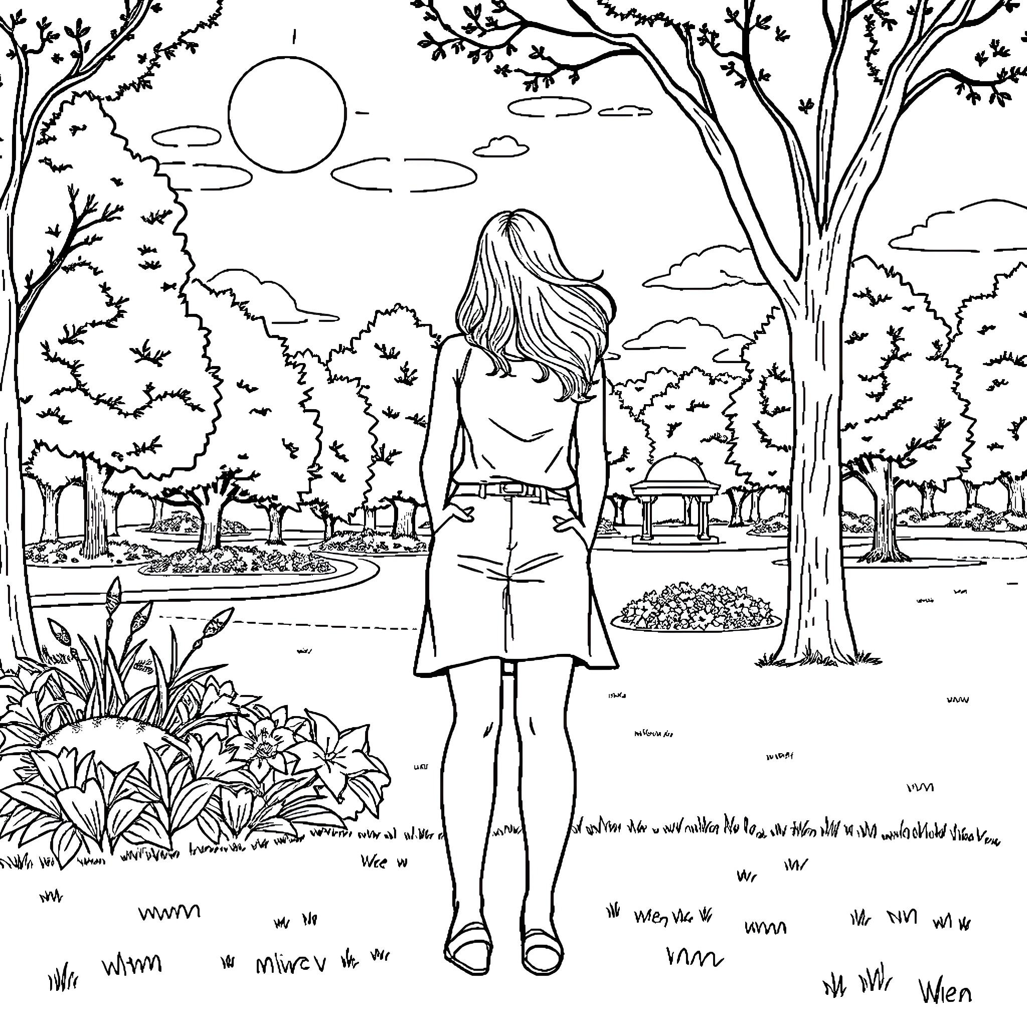 Woman enjoying the tranquil outdoor scenery Coloring Page (free black-and-white line drawing printable PDF for all, from beginners to advanced learners, including children, teens, adults, and seniors)