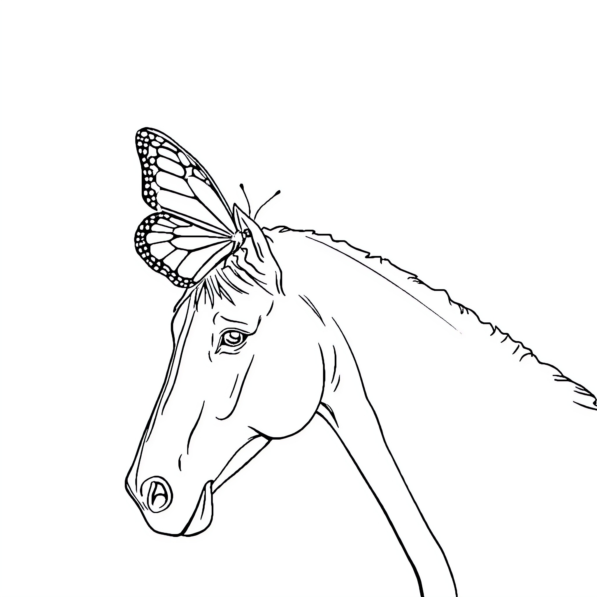 Butterfly perching on a horse's head Coloring Page (free black-and-white line drawing printable PDF for all, from beginners to advanced learners, including children, teens, adults, and seniors)