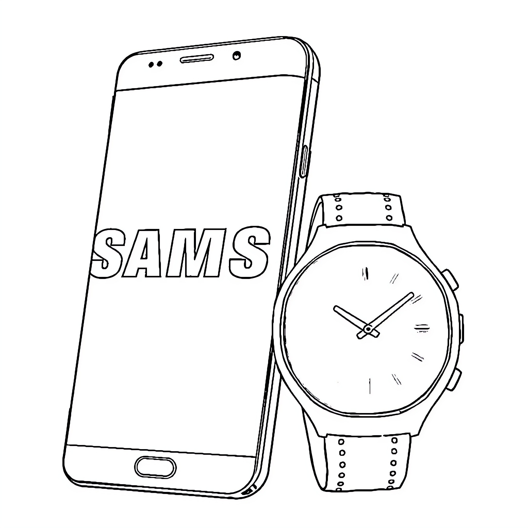 Samsung smartphone and smartwatch in simple outline Coloring Page (free black-and-white line drawing printable PDF for all, from beginners to advanced learners, including children, teens, adults, and seniors)