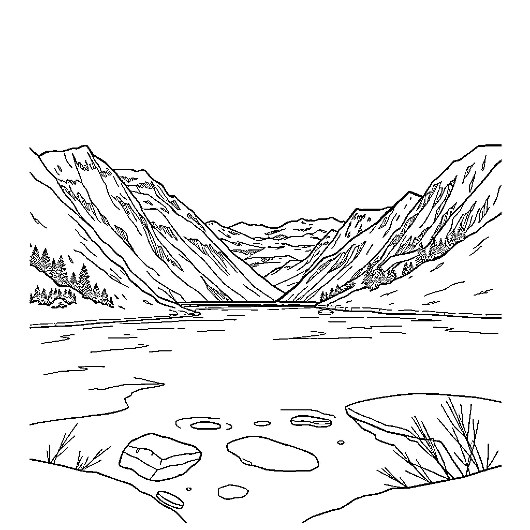 Frozen mountain landscape with a serene lake Coloring Page (free black-and-white line drawing printable PDF for all, from beginners to advanced learners, including children, teens, adults, and seniors)