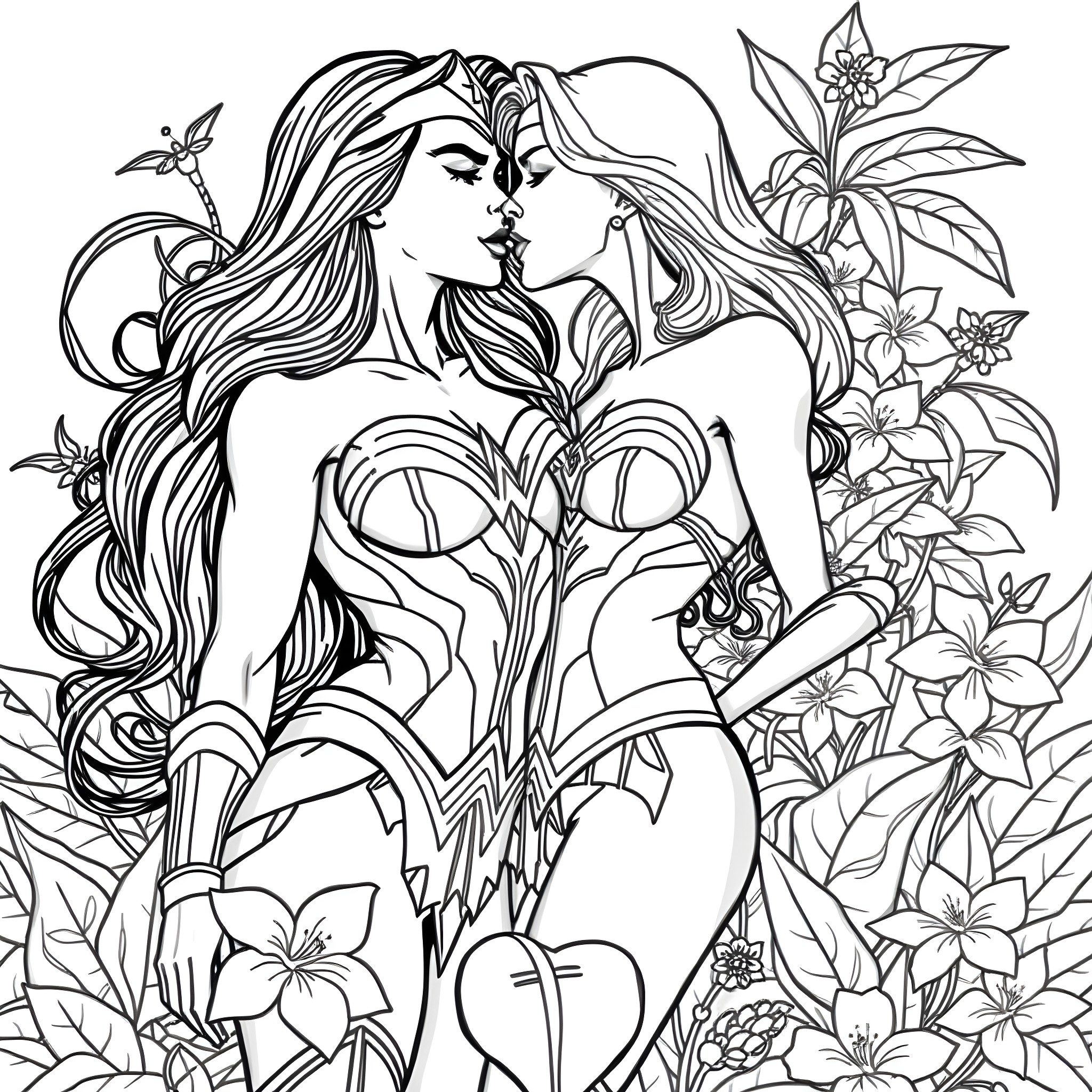 Wonder Woman in Floral Embrace Coloring Page (free black-and-white line drawing printable PDF for all, from beginners to advanced learners, including children, teens, adults, and seniors)
