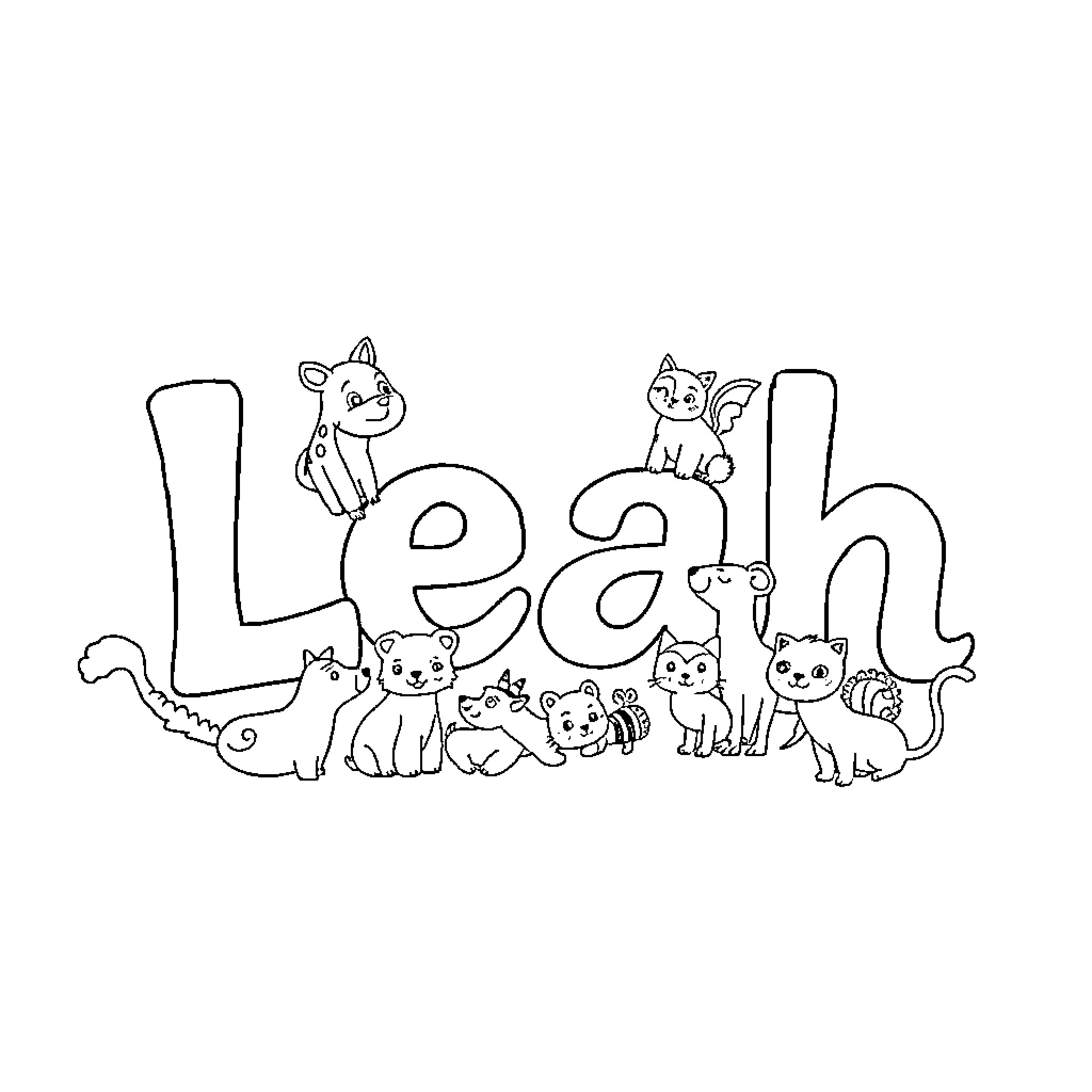 Leah's Playful Feline Friends Coloring Page (free black-and-white line drawing printable PDF for all, from beginners to advanced learners, including children, teens, adults, and seniors)