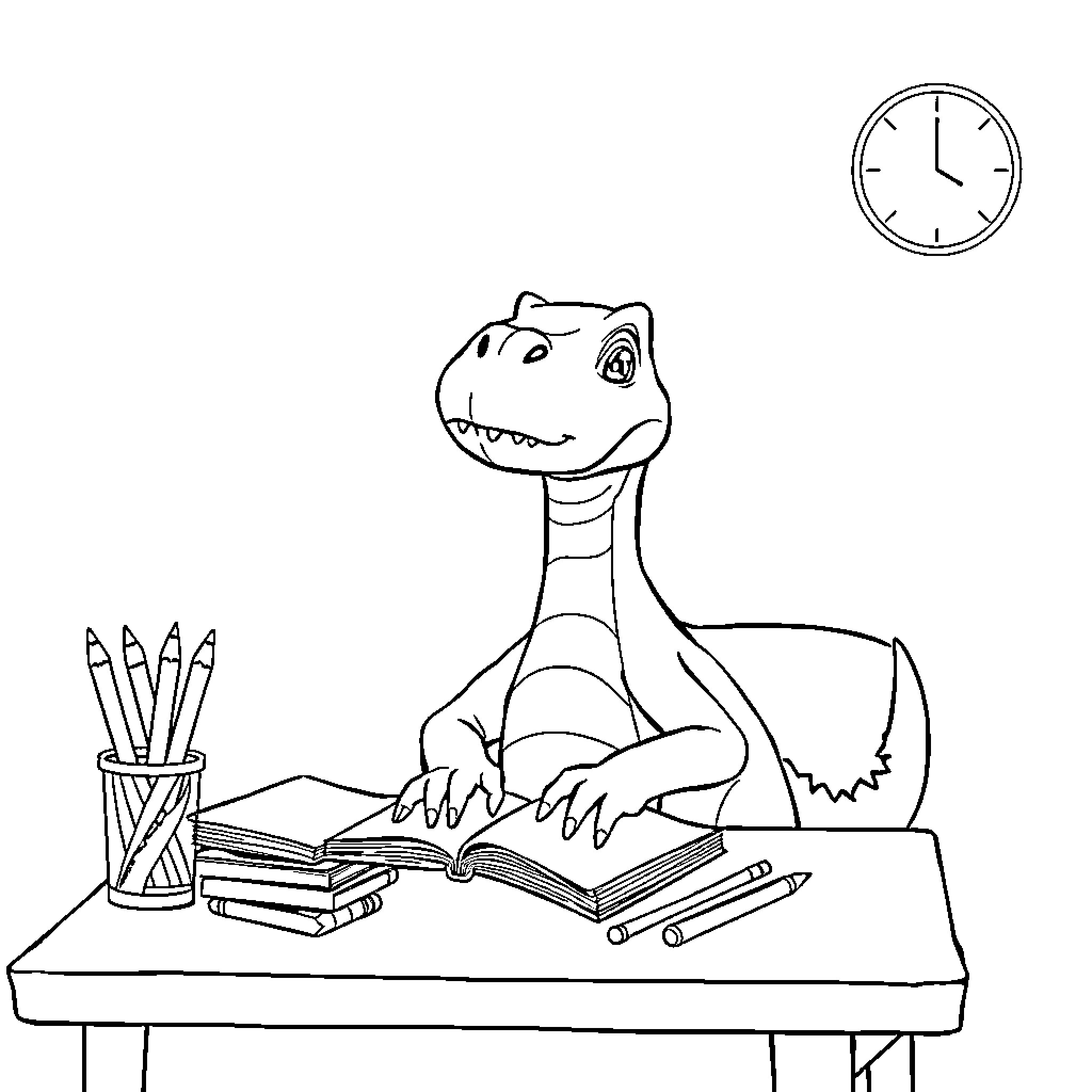 Dinosaur studying and writing at the desk Coloring Page (free black-and-white line drawing printable PDF for all, from beginners to advanced learners, including children, teens, adults, and seniors)