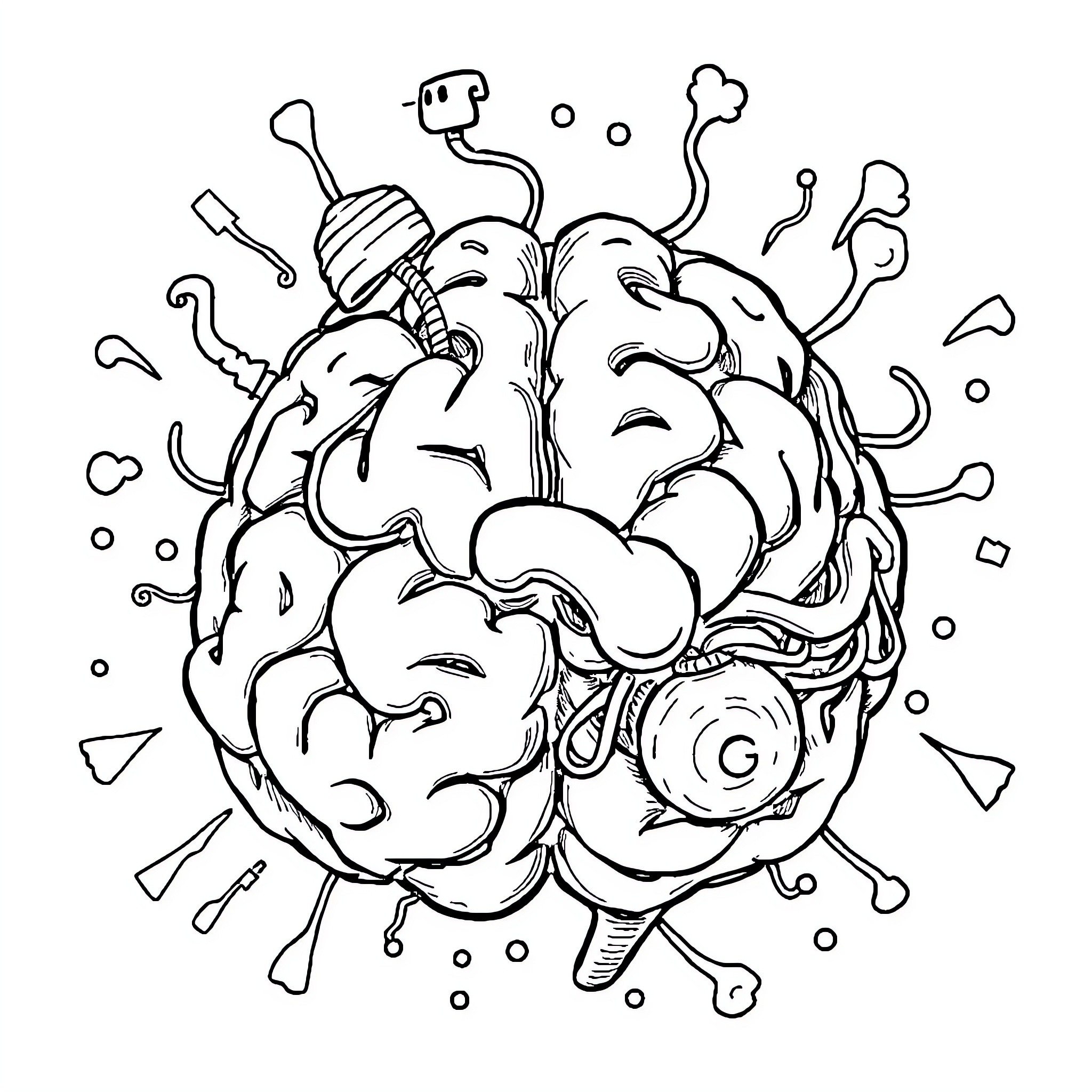 Brainrot - Chaotic Mind's Tangled Thoughts Coloring Page (free black-and-white line drawing printable PDF for all, from beginners to advanced learners, including children, teens, adults, and seniors)