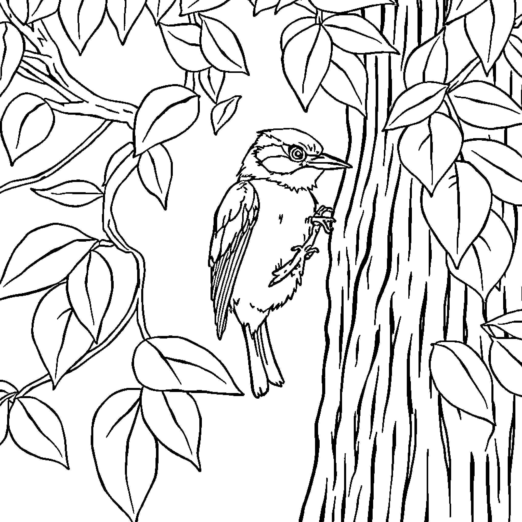 Squirrel perched on tree trunk surrounded by leaves Coloring Page (free black-and-white line drawing printable PDF for all, from beginners to advanced learners, including children, teens, adults, and seniors)