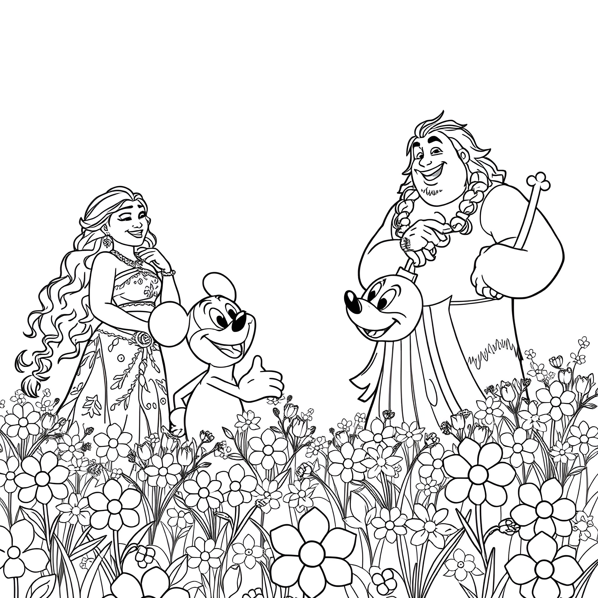 Character in a Flowery Garden Coloring Page (free black-and-white line drawing printable PDF for all, from beginners to advanced learners, including children, teens, adults, and seniors)