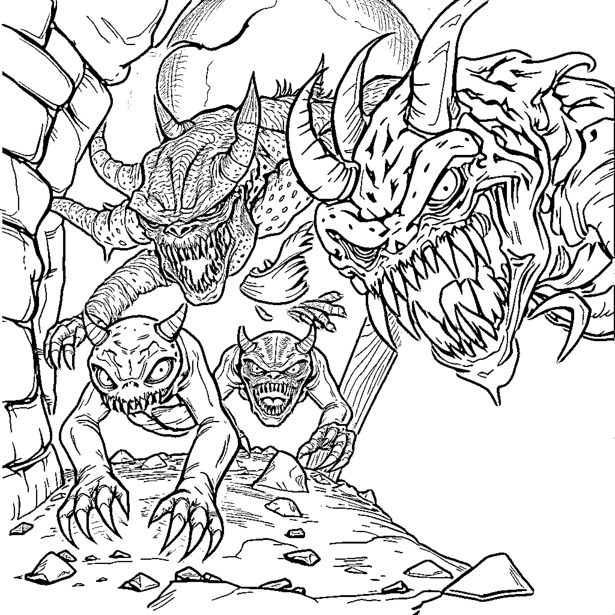 Monster Creatures Emerging from the Depths Coloring Page (free black-and-white line drawing printable PDF for all, from beginners to advanced learners, including children, teens, adults, and seniors)