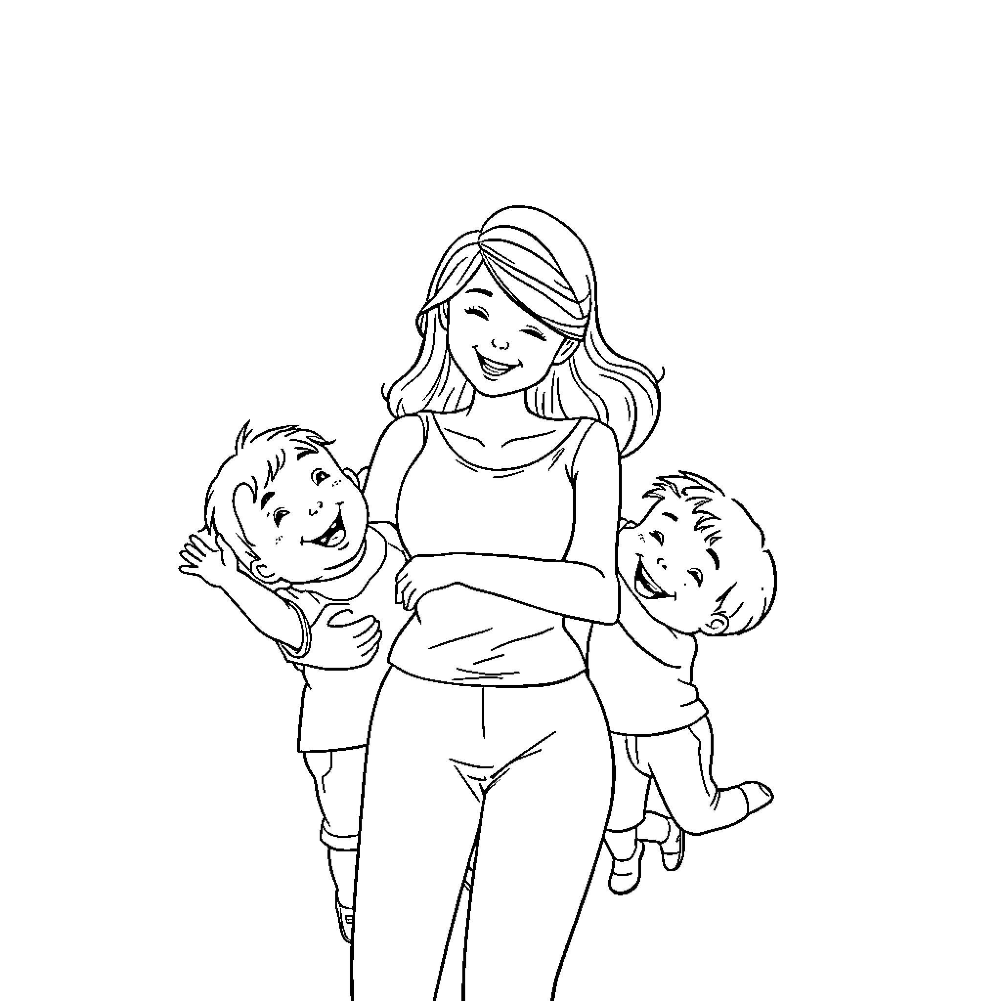 Mom Cuddling and Playing with Children Coloring Page (free black-and-white line drawing printable PDF for all, from beginners to advanced learners, including children, teens, adults, and seniors)