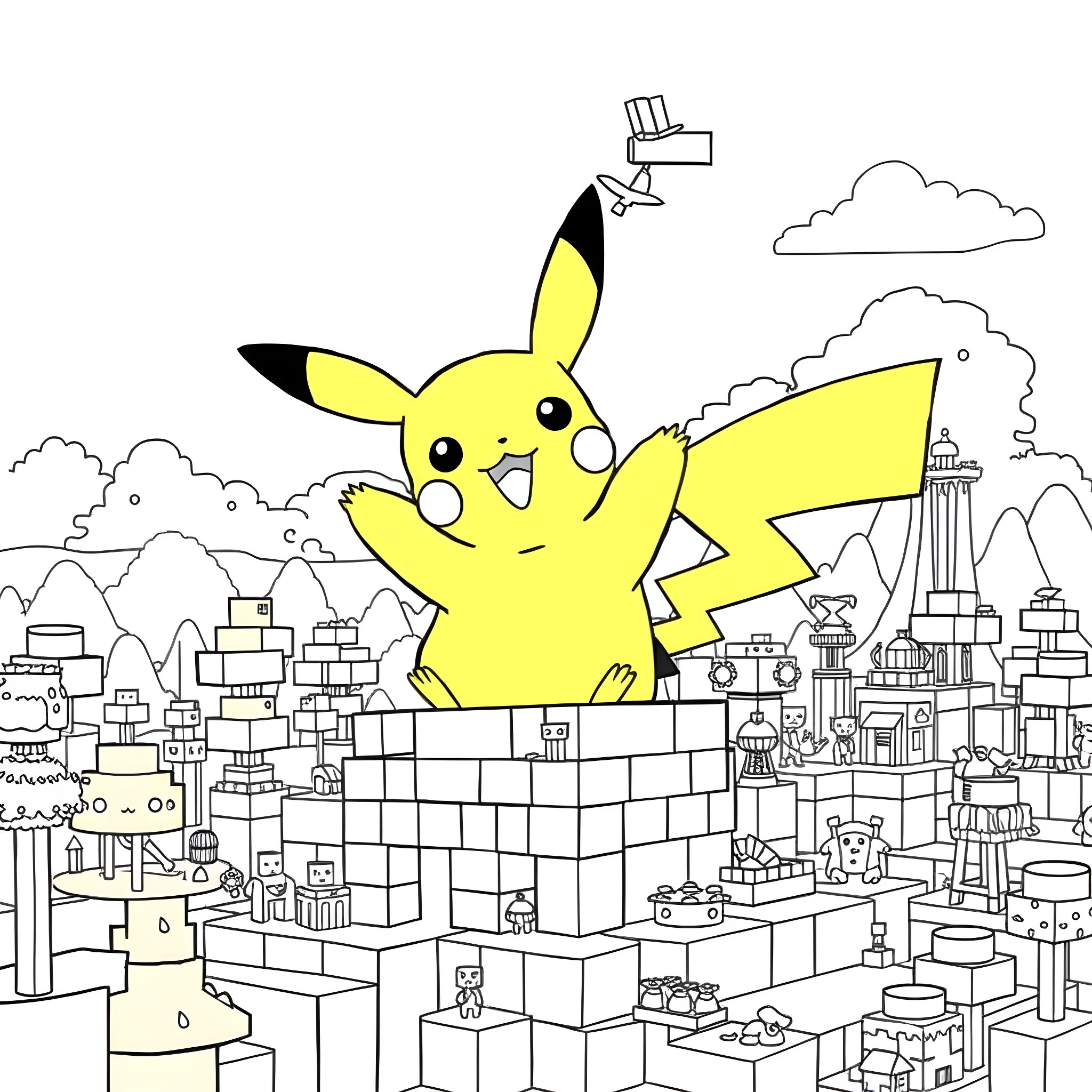Pikachu exploring the bustling city skyline Coloring Page (free black-and-white line drawing printable PDF for all, from beginners to advanced learners, including children, teens, adults, and seniors)
