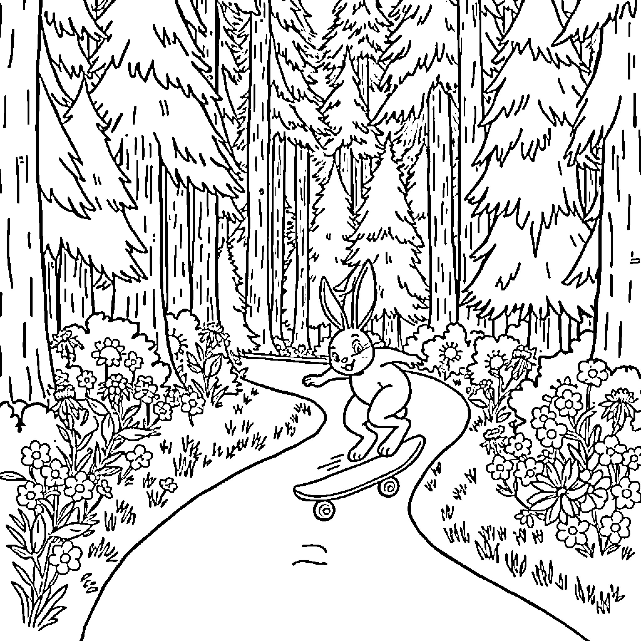 Bunny skating through enchanted forest Coloring Page (free black-and-white line drawing printable PDF for all, from beginners to advanced learners, including children, teens, adults, and seniors)
